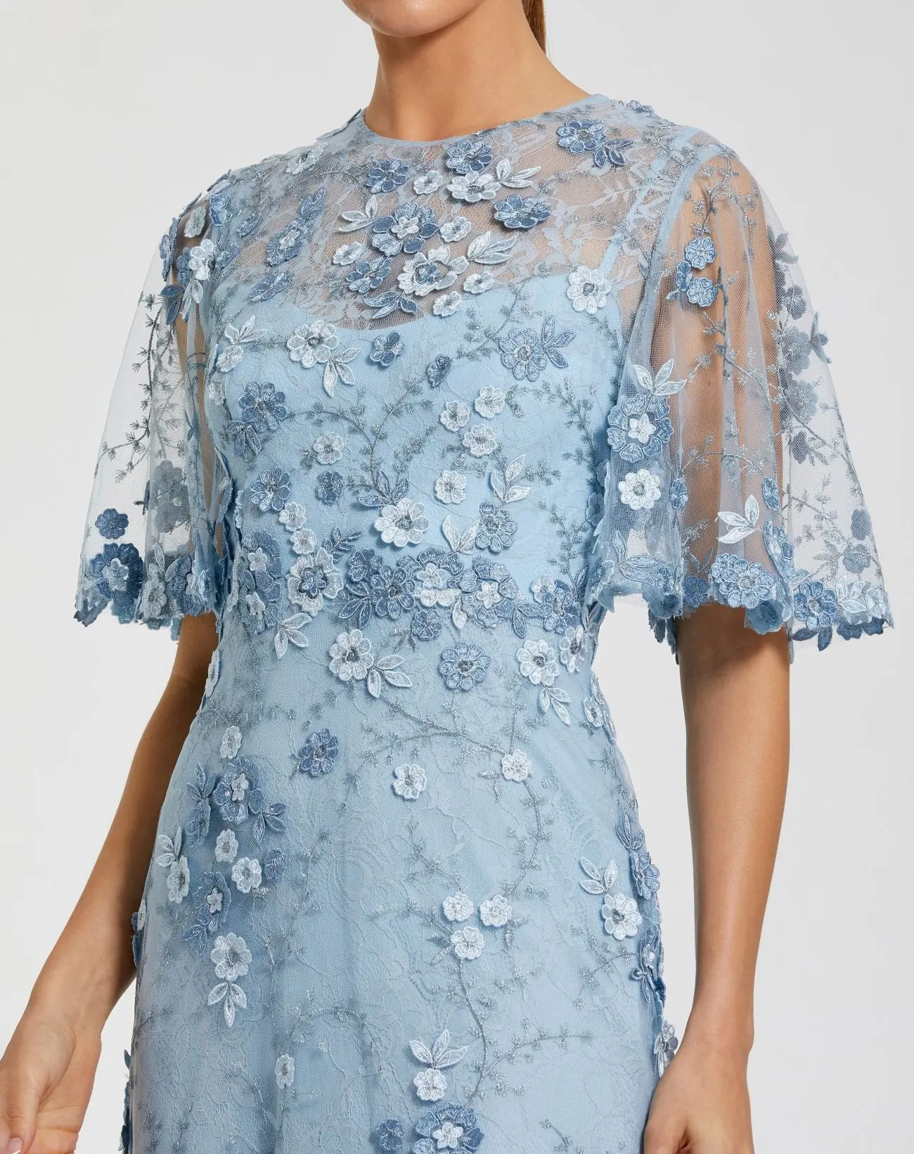 Petite Blue Flutter Sleeve Floral Embroidered Net Gown - Special Events Unlimited