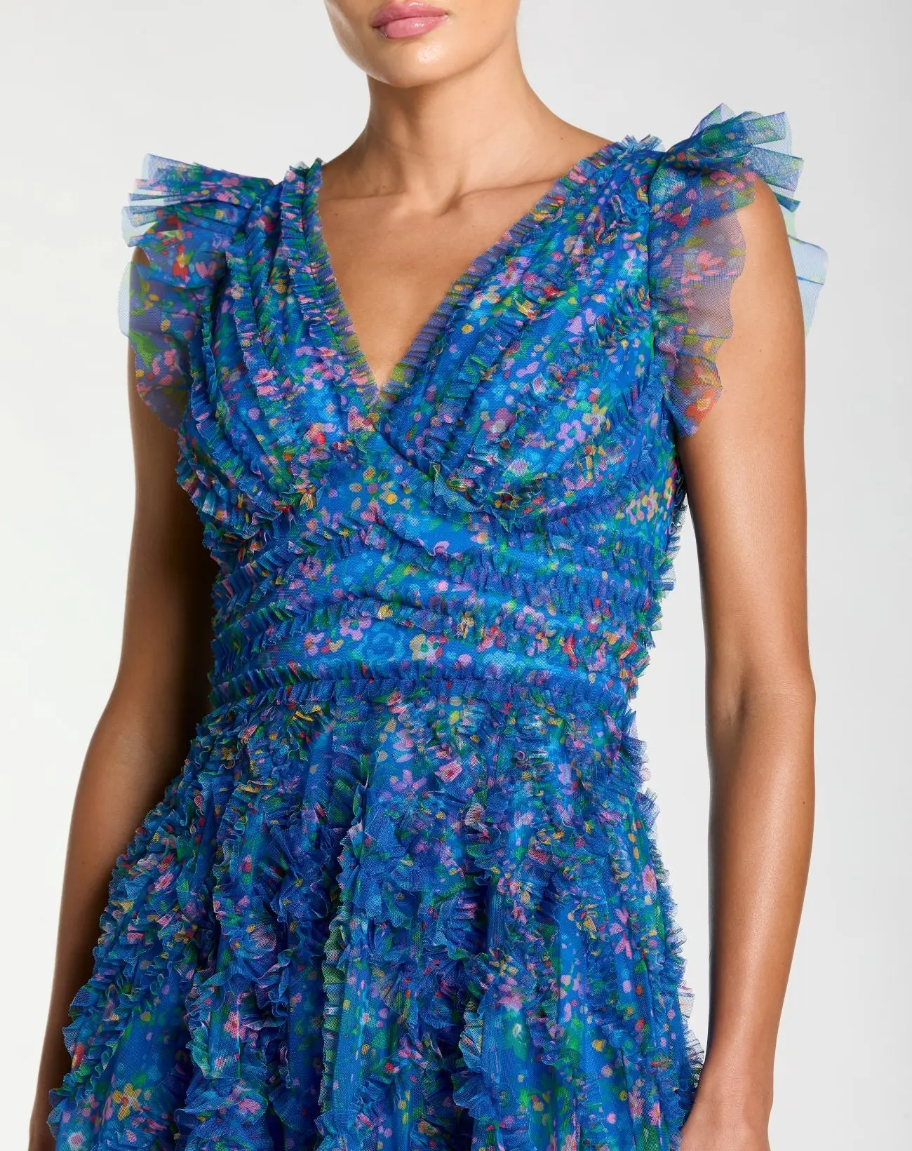 Blue Floral V-Neck Ruffle Maxi Dress - Special Events Unlimited