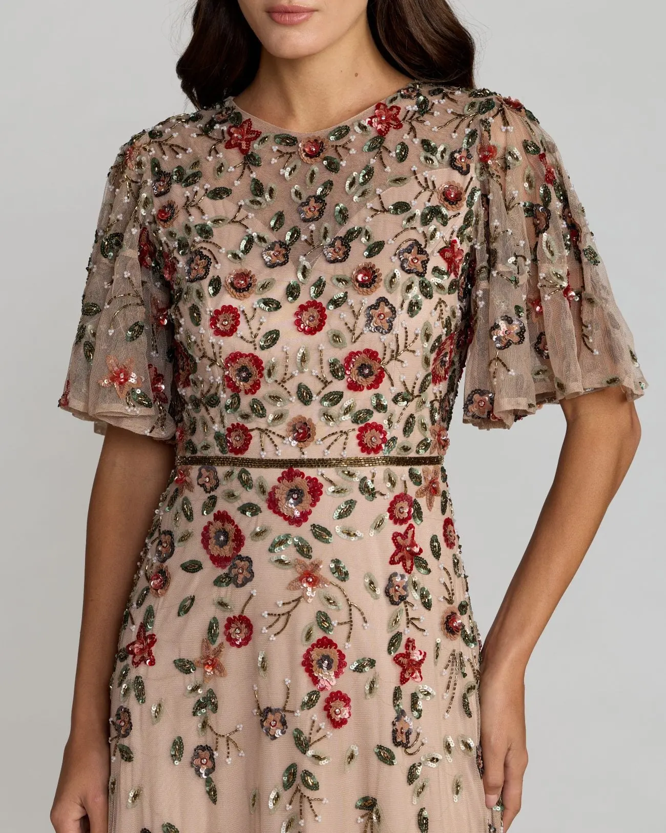 Beige Floral Embellished Flutter Sleeve Midi Dress - Special Events Unlimited