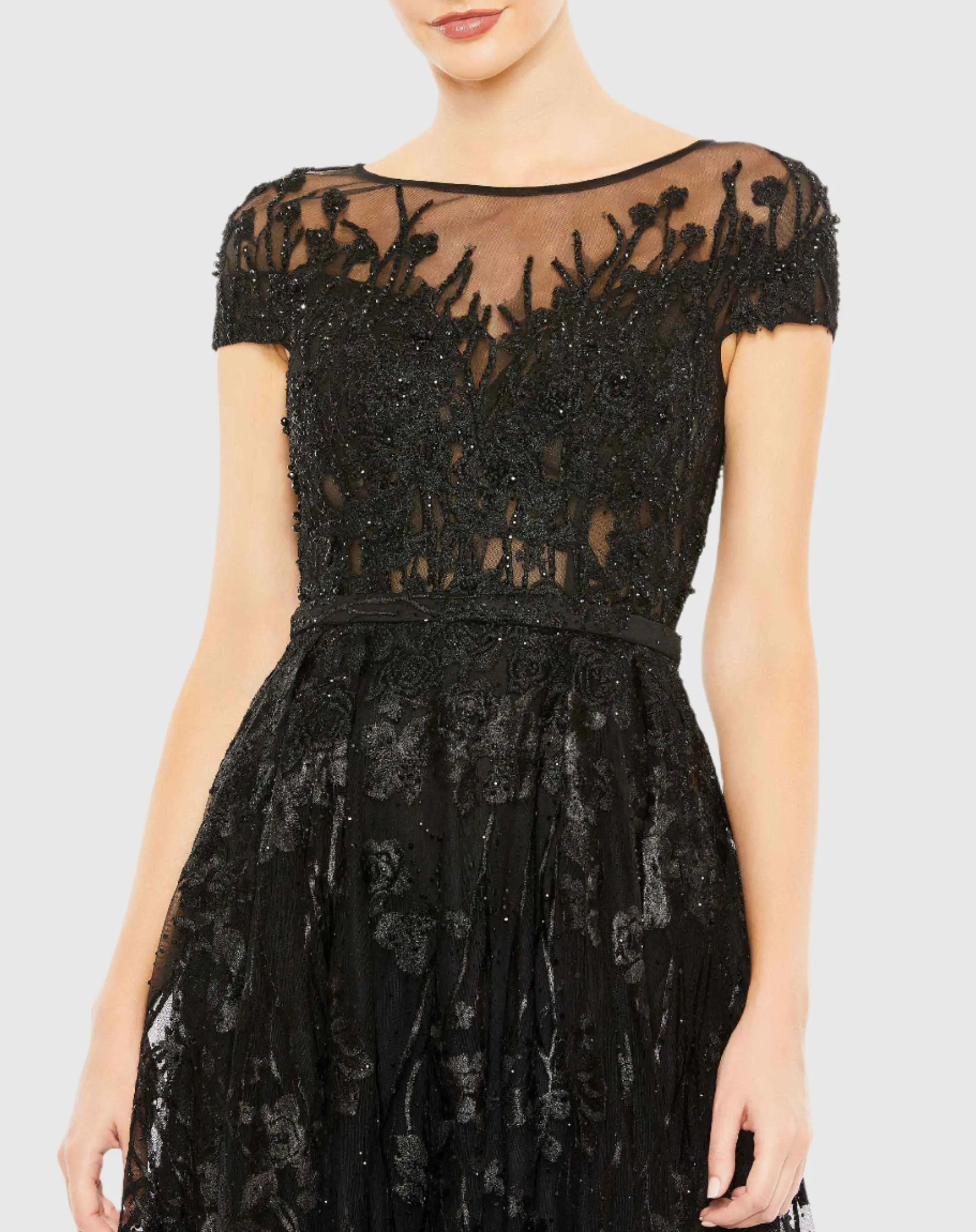 Black Embellished Floral Cap Sleeve A Line Gown - Special Events Unlimited