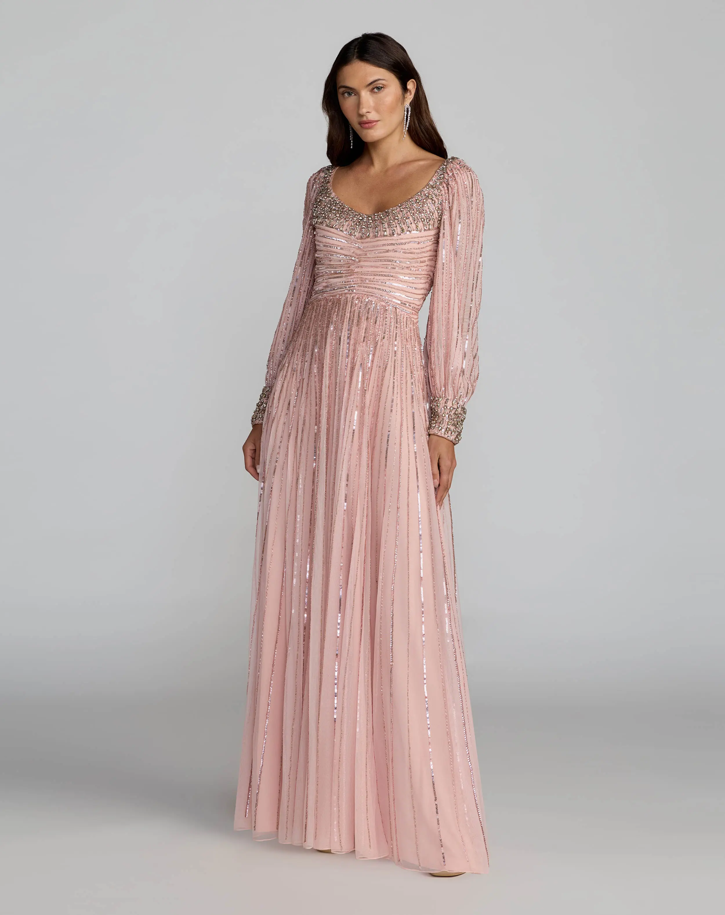 Pink Embellished Long Sleeve Scoop Neck A-Line Gown - Special Events Unlimited