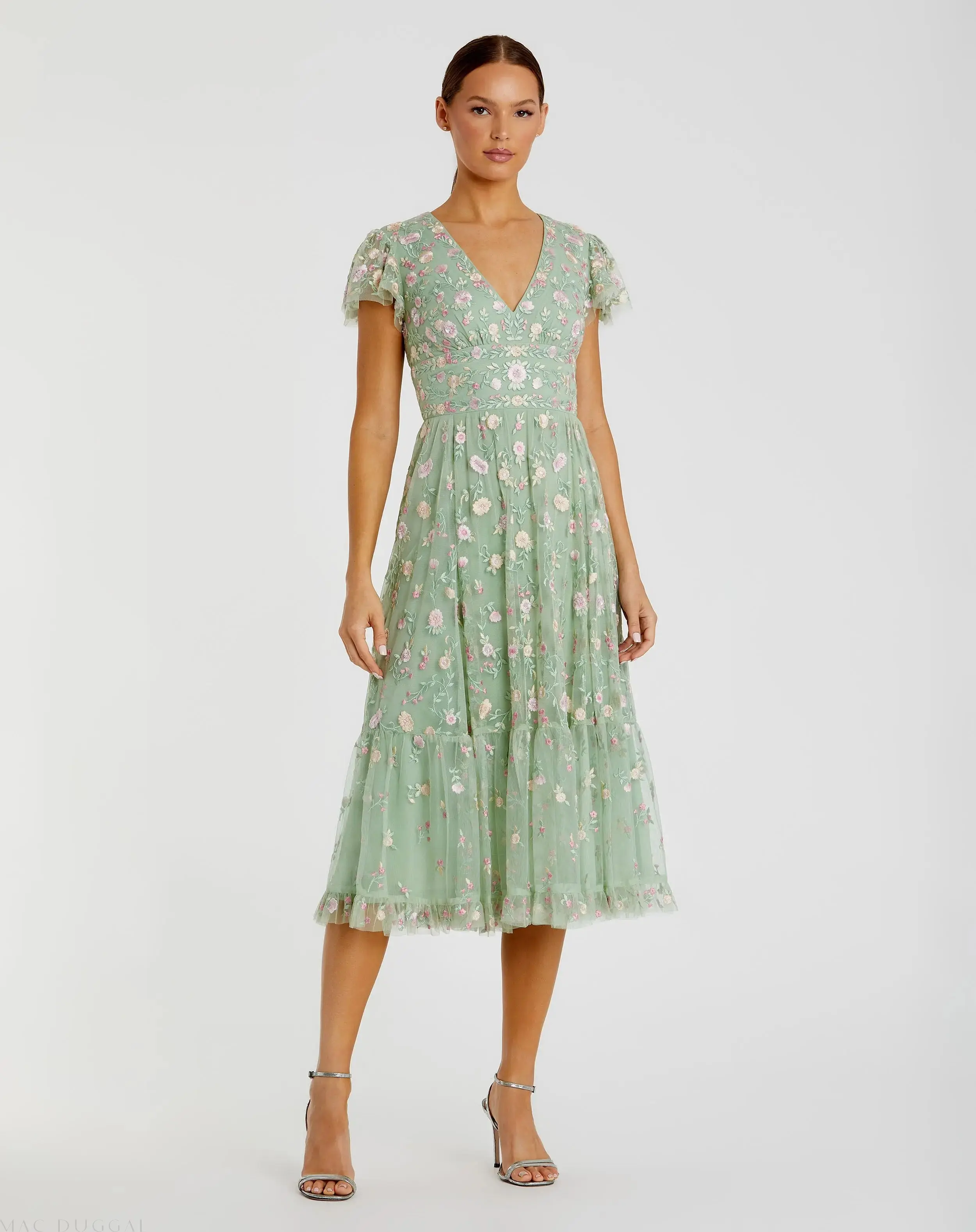 Green Multicolor Embroidered V Neck Cap Sleeve Midi Dress - Special Events Unlimited