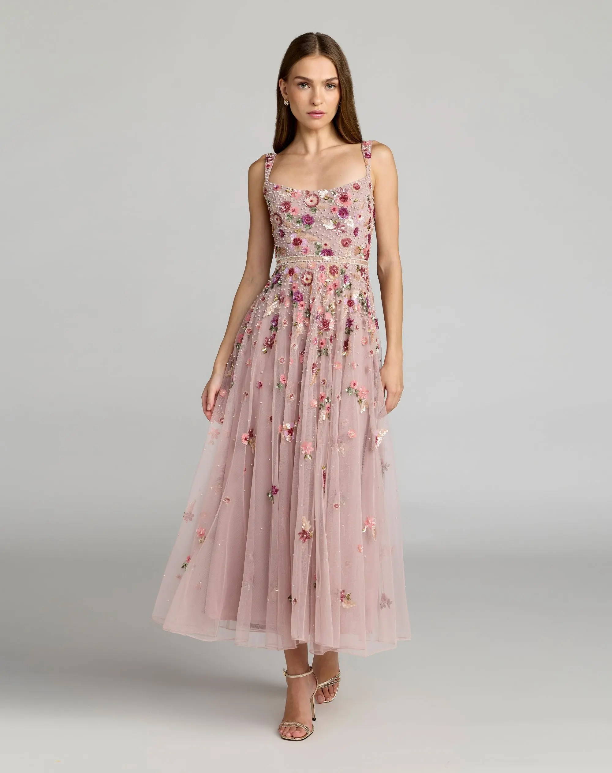 Rose Pink Floral Hand Embellished Scoop Neck Midi Dress - Special Events Unlimited