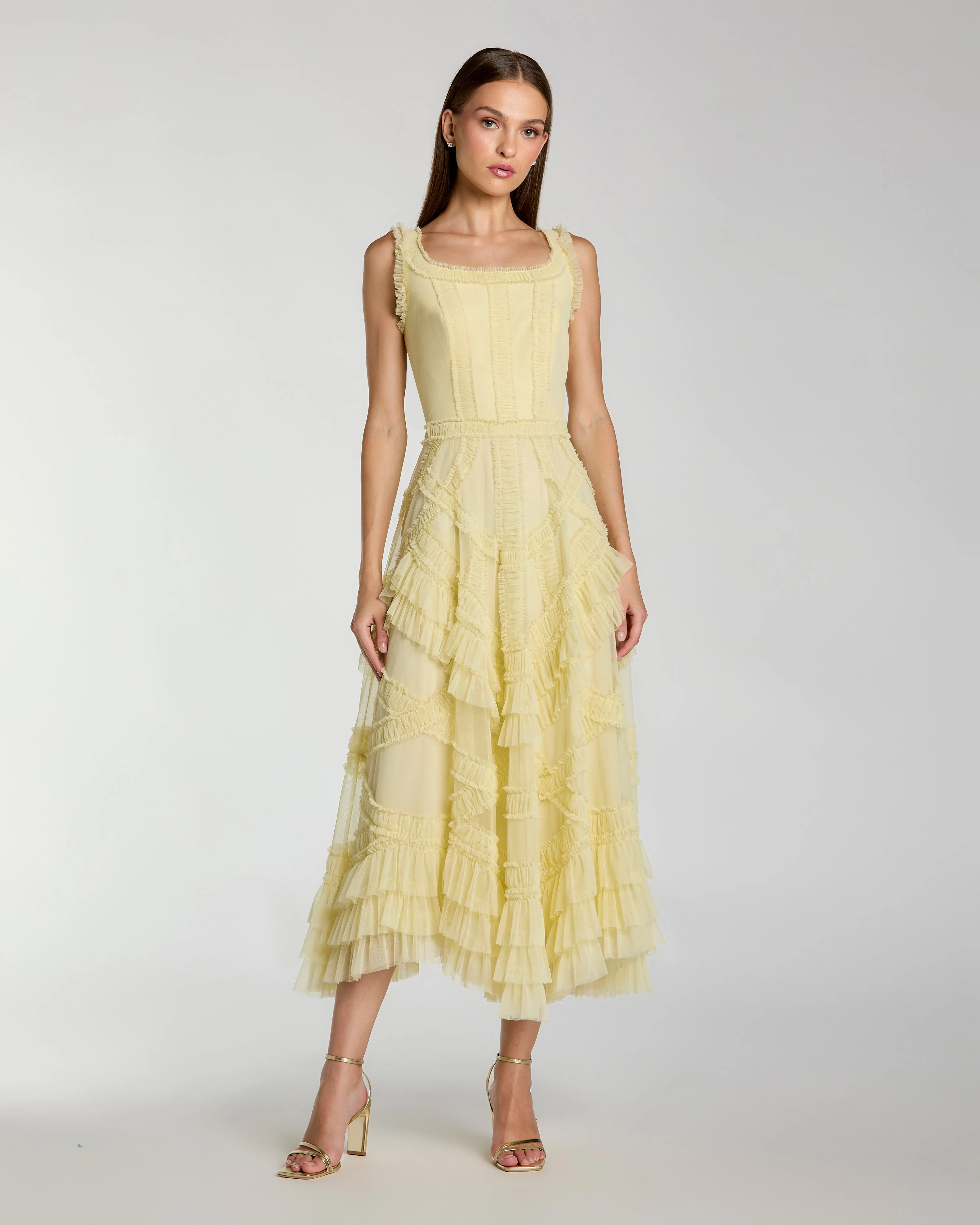 Yellow Scoop Neck Sleeveless Micro Ruffle Midi Dress - Special Events Unlimited