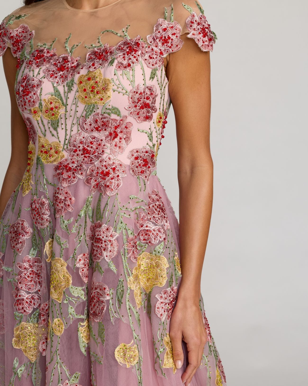 Purple Floral Embroidered Illusion Sweetheart Midi Dress - Special Events Unlimited