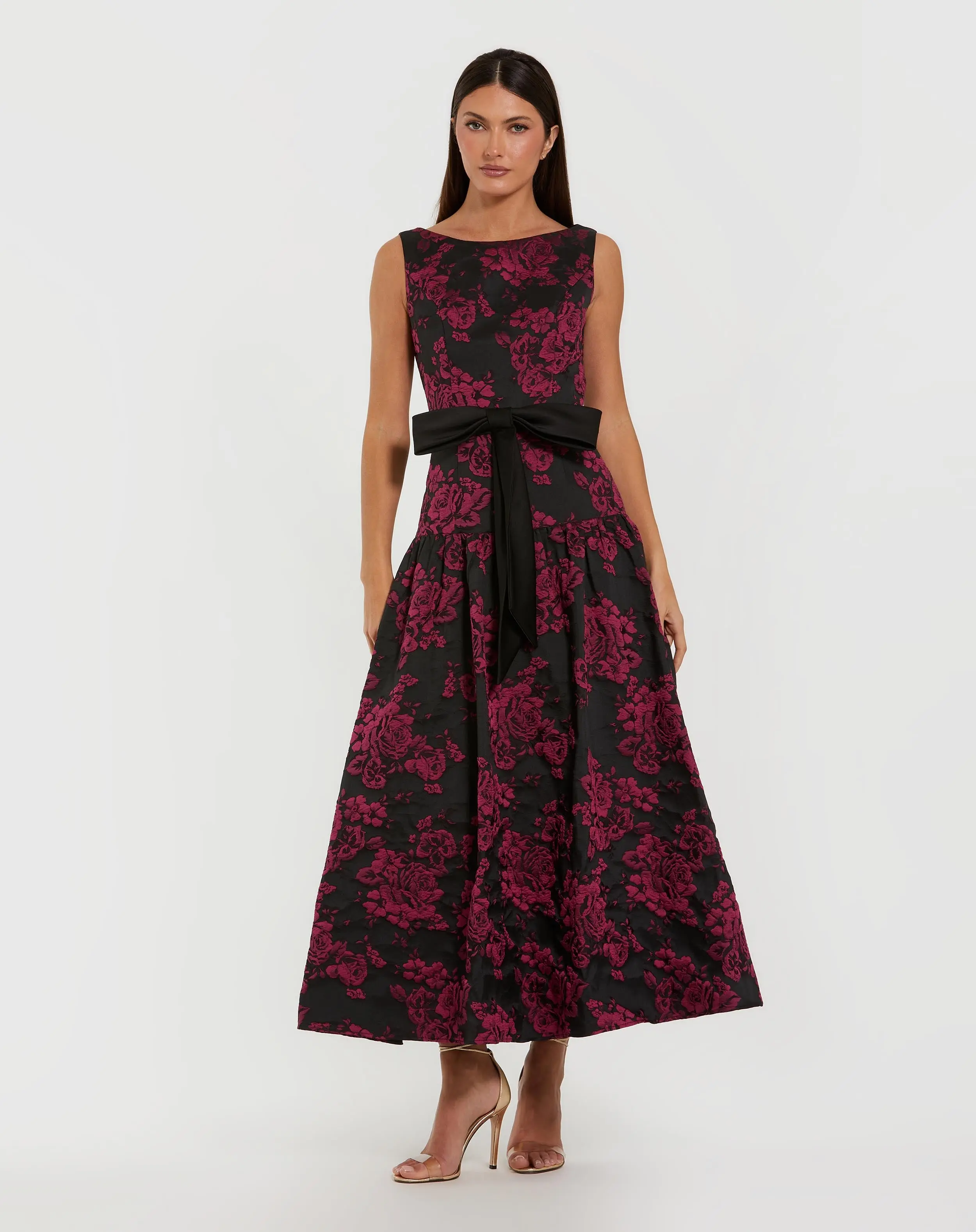 Black Brocade Drop Waist Midi Dress With Satin Bow - Special Events Unlimited