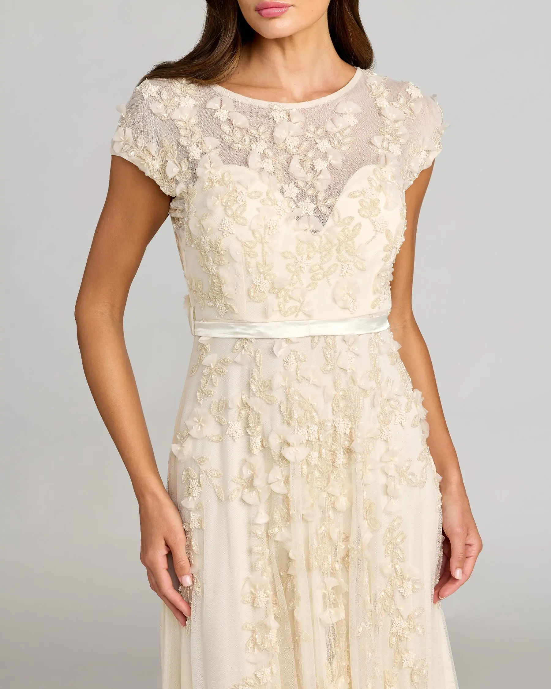 Yellow Floral Embellished Cap Sleeve Gown - Special Events Unlimited