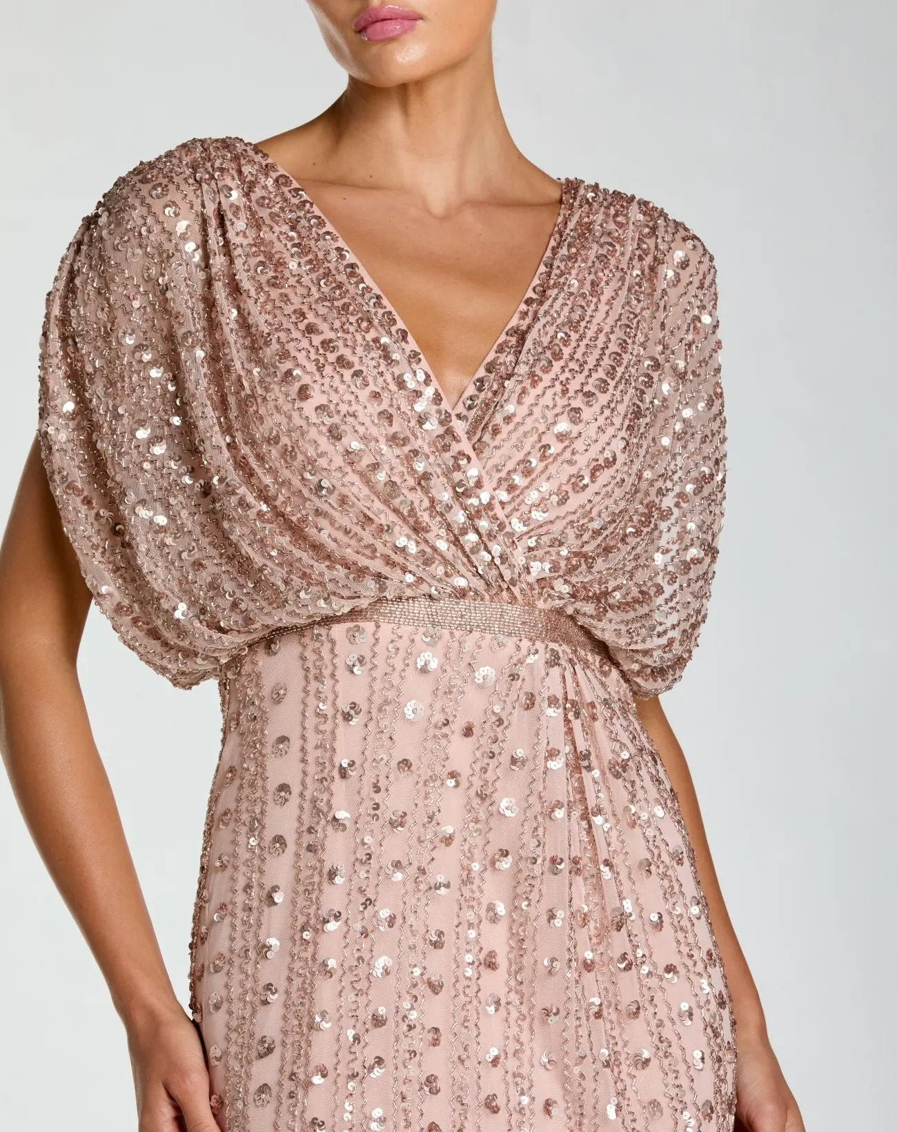 Pink Embellished Blouson V Neck Column Gown - Special Events Unlimited