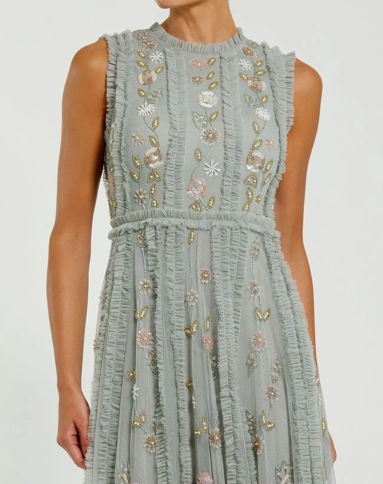 Petite Green Floral Mesh Sleeveless A Line Micro Ruffle Gown - Special Events Unlimited