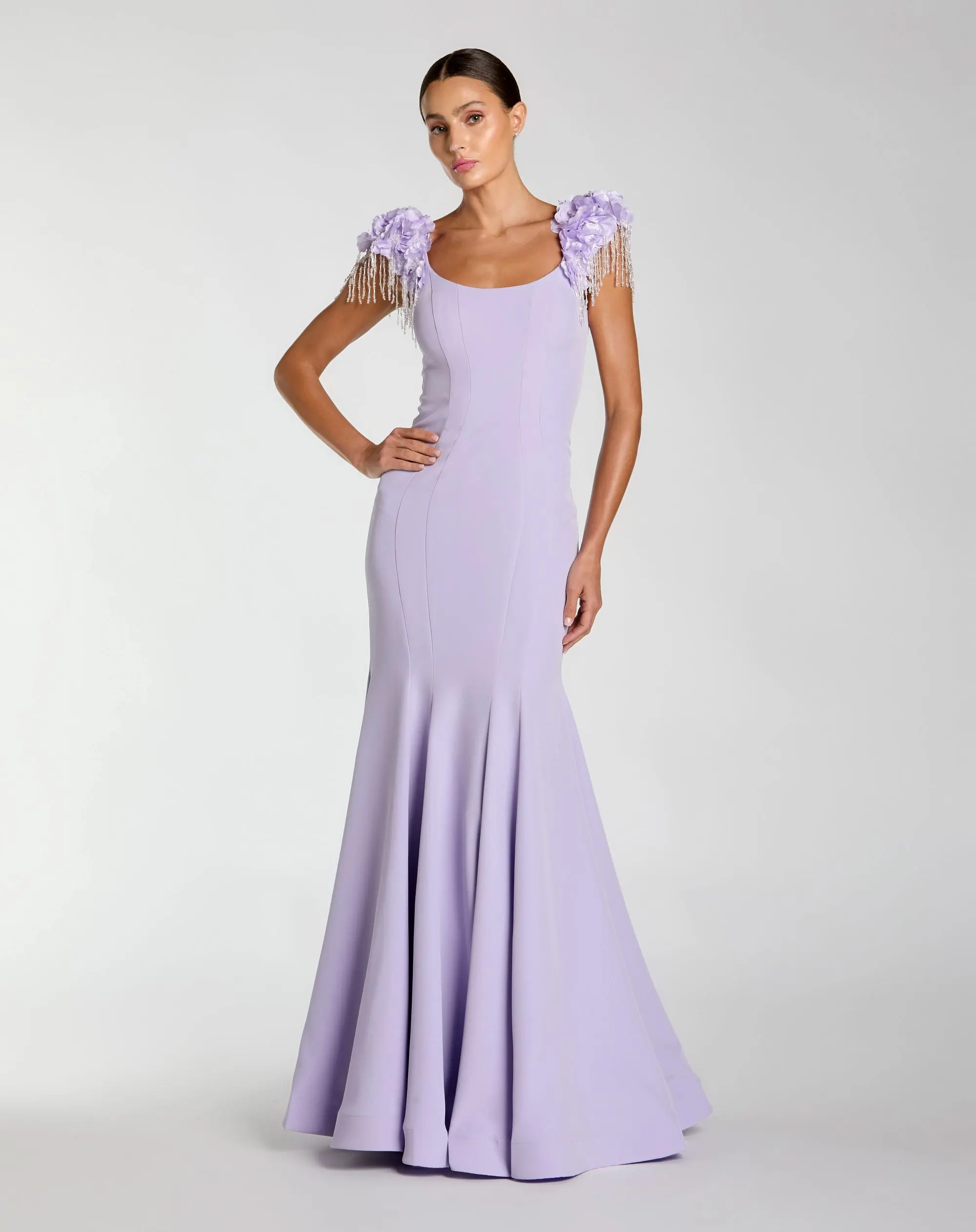 Purple 3D Floral Crystal Fringe Mermaid Gown - Special Events Unlimited