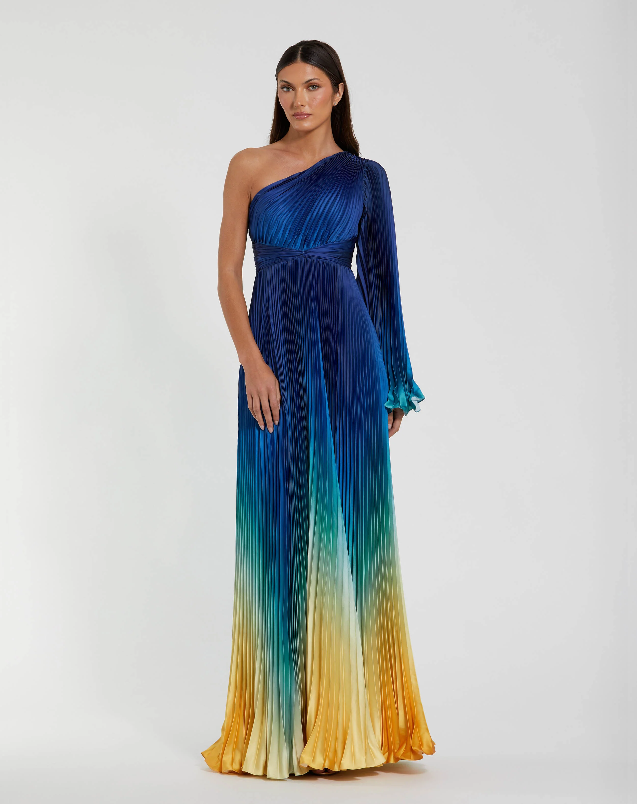 Petite Blue Pleated Charmeuse One Shoulder Ombre Gown - Special Events Unlimited