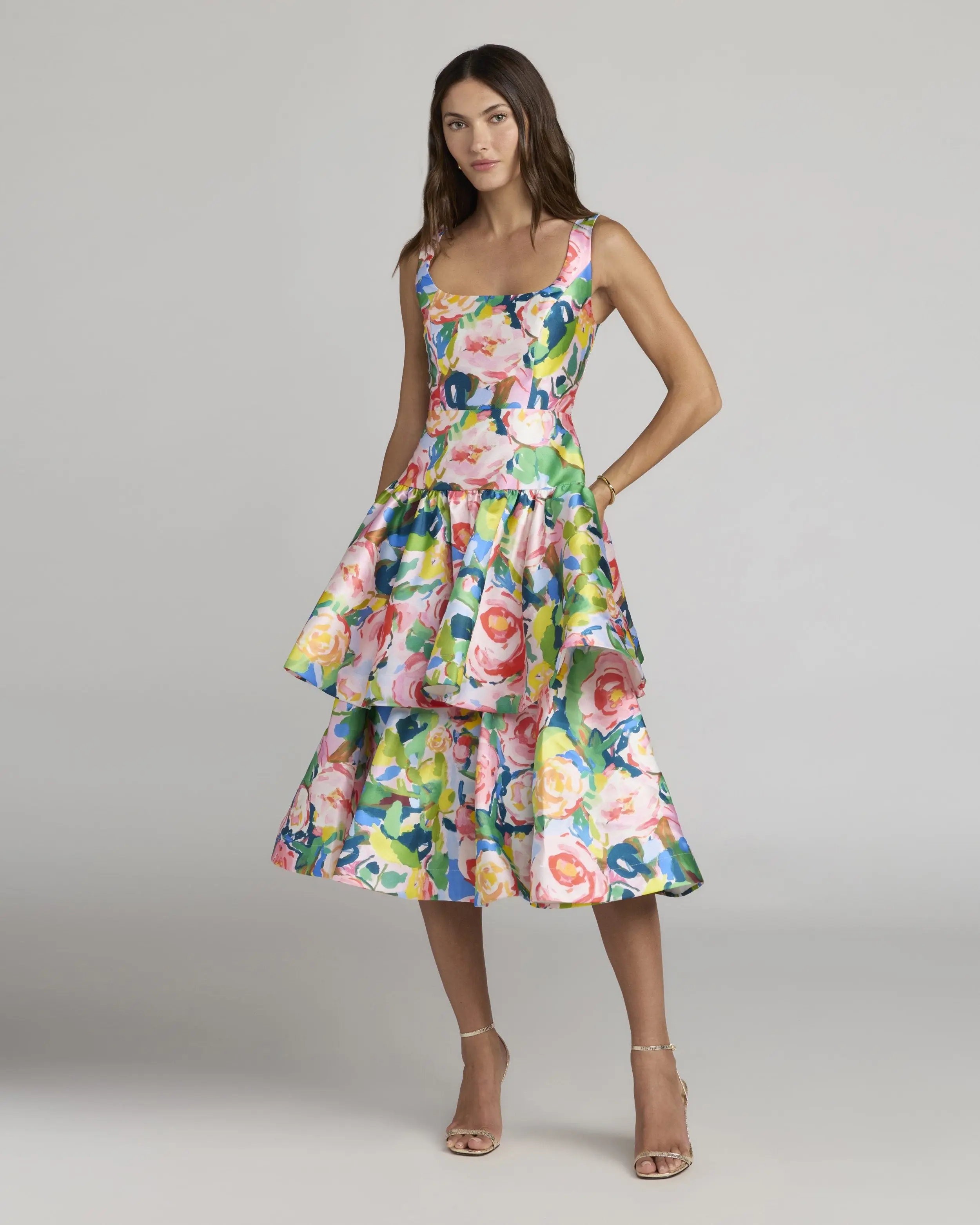 Multicolor Floral Tiered Square Neck Midi Dress - Special Events Unlimited