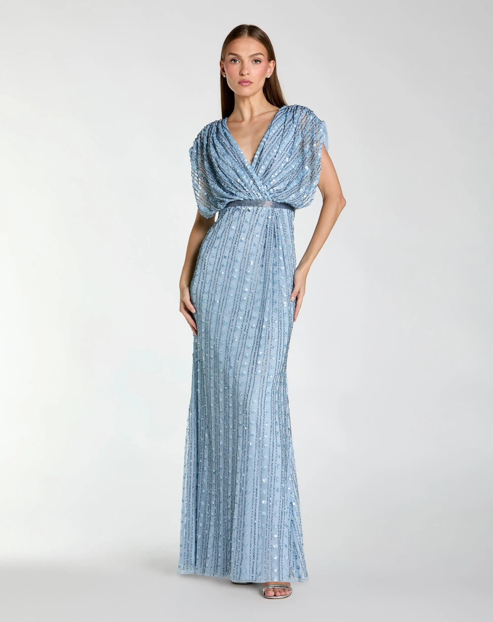 Blue Embellished Blouson V Neck Column Gown - Special Events Unlimited
