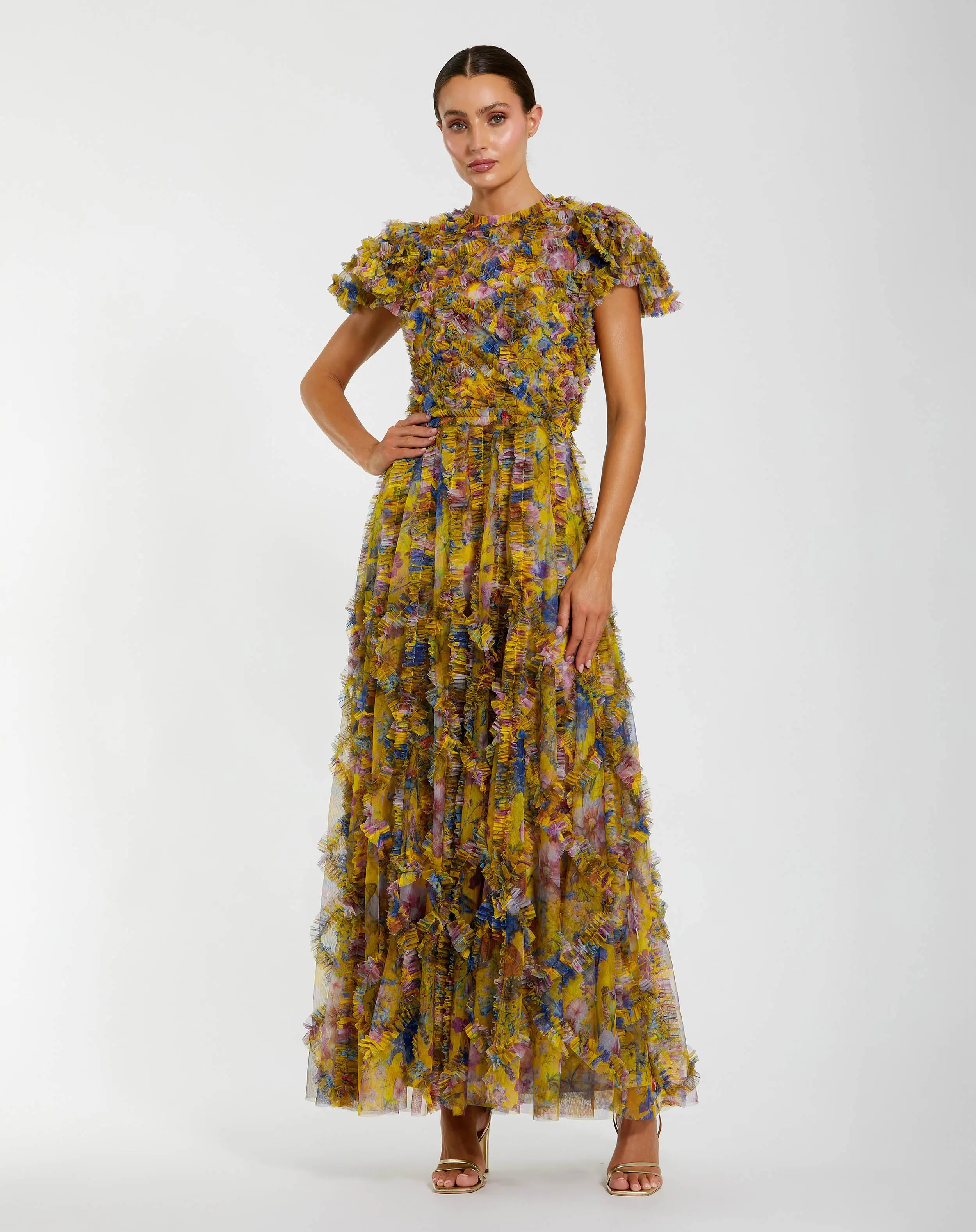 Yellow Micro Ruffle Floral Maxi Dress - Special Events Unlimited