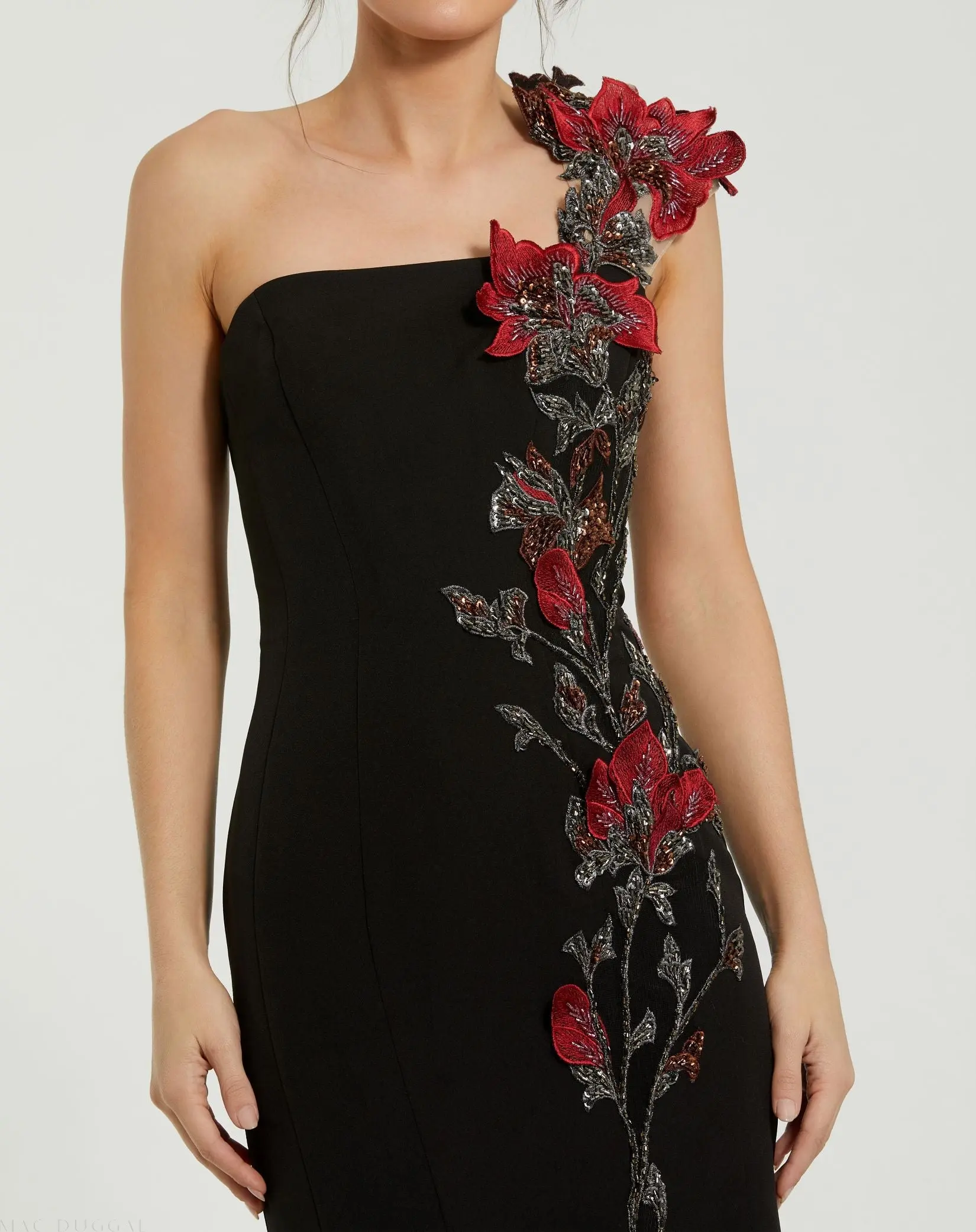 Black One Shoulder Embroidered Mermaid Gown - Special Events Unlimited