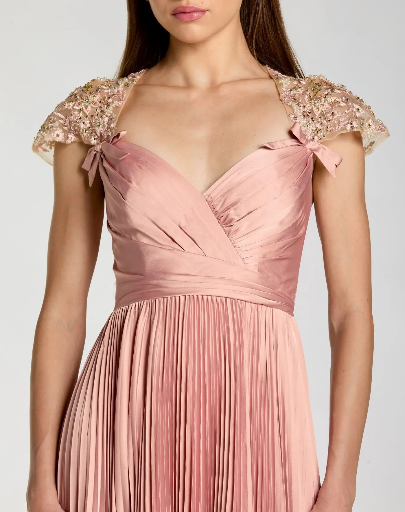 Pink Pleated Charmeuse Embellished Cap Sleeve Gown - Special Events Unlimited