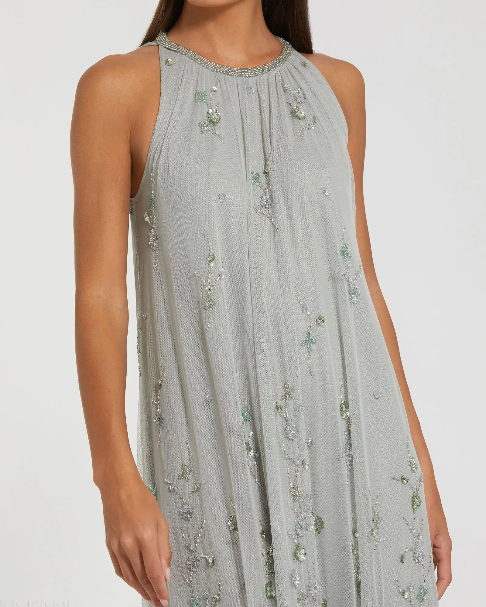 Green High Neck Floral Embellished Trapeze Gown - Special Events Unlimited