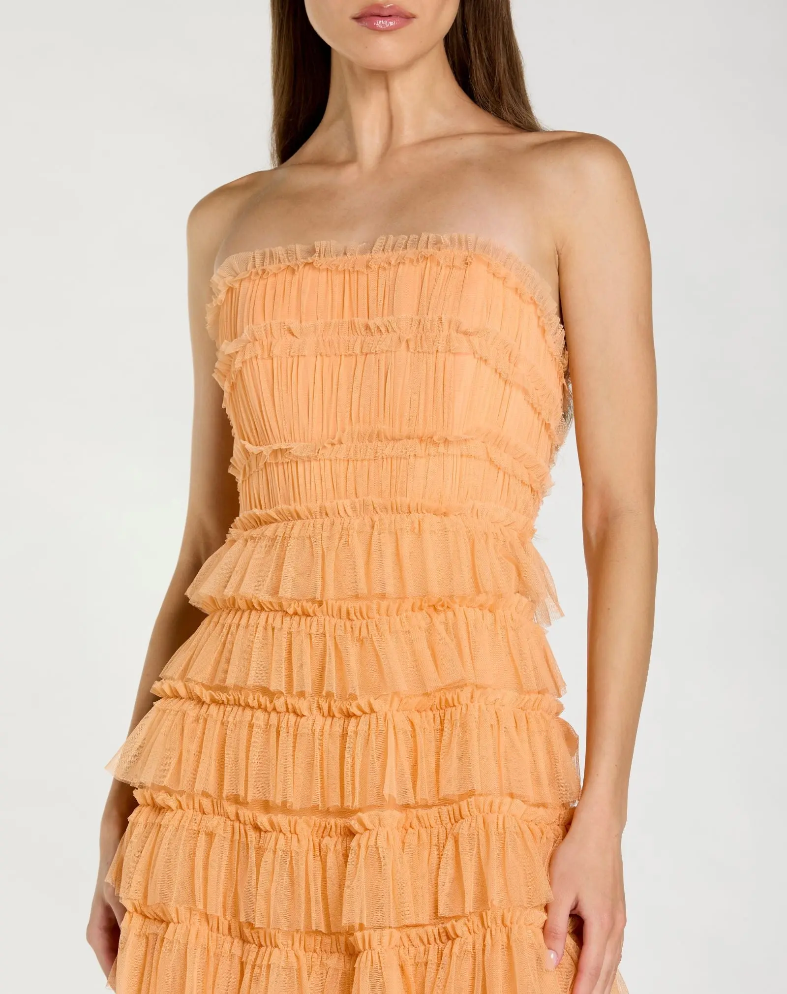 Orange Micro Ruffle Strapless Midi Dress - Special Events Unlimited