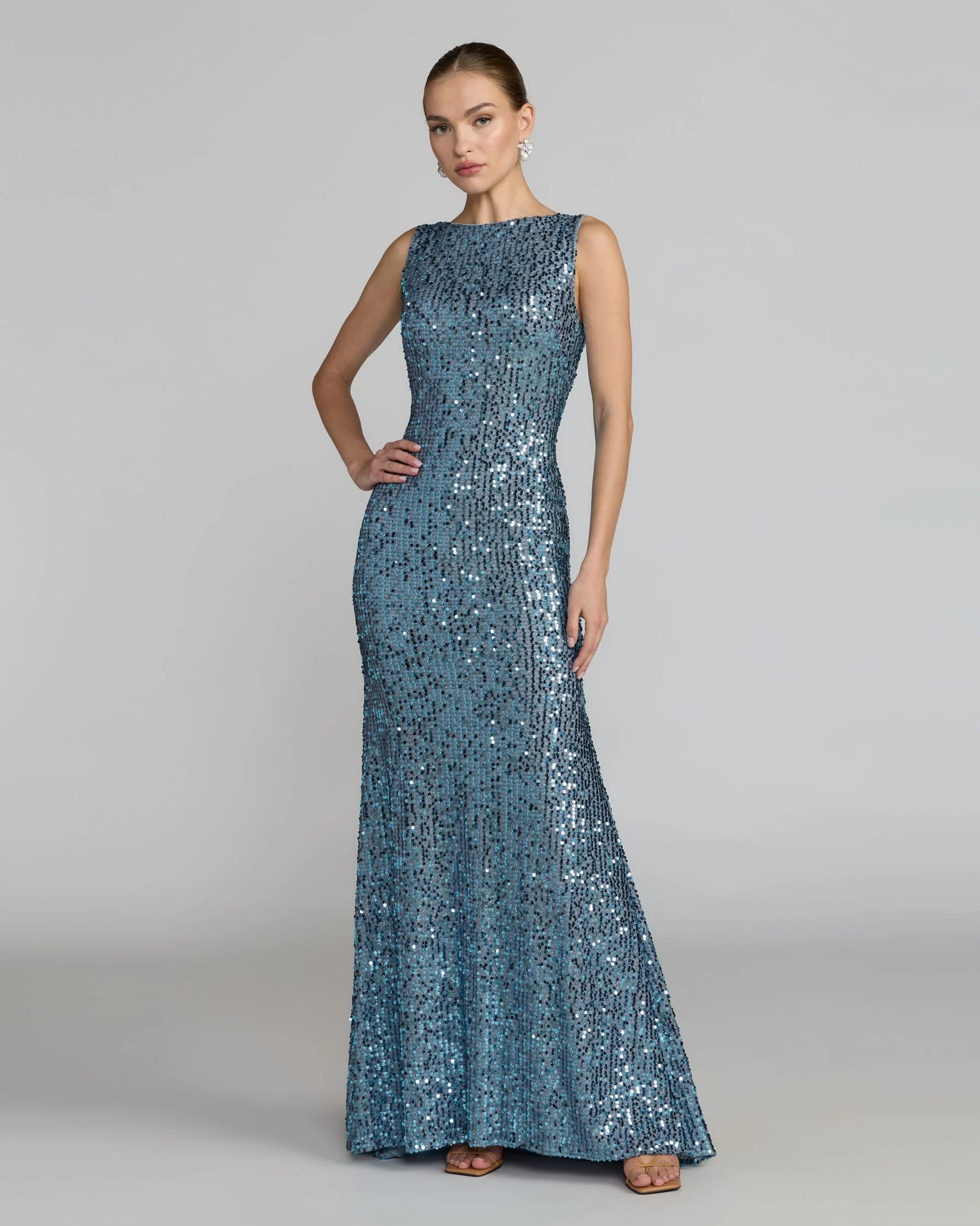 Petite Blue Cowl Back Boat Neck Sequined Evening Gown - Special Events Unlimited