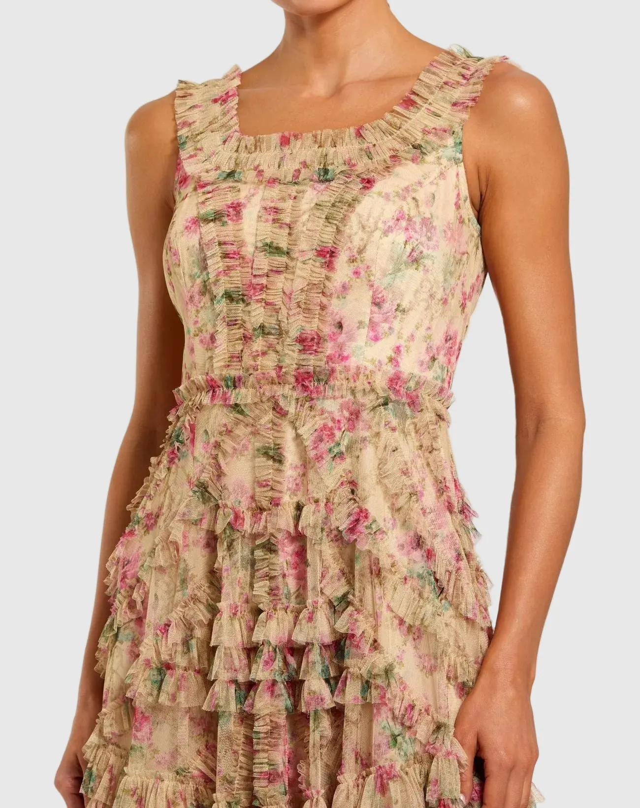 Beige Floral Printed Sleeveless Ruffle Midi Dress - Special Events Unlimited