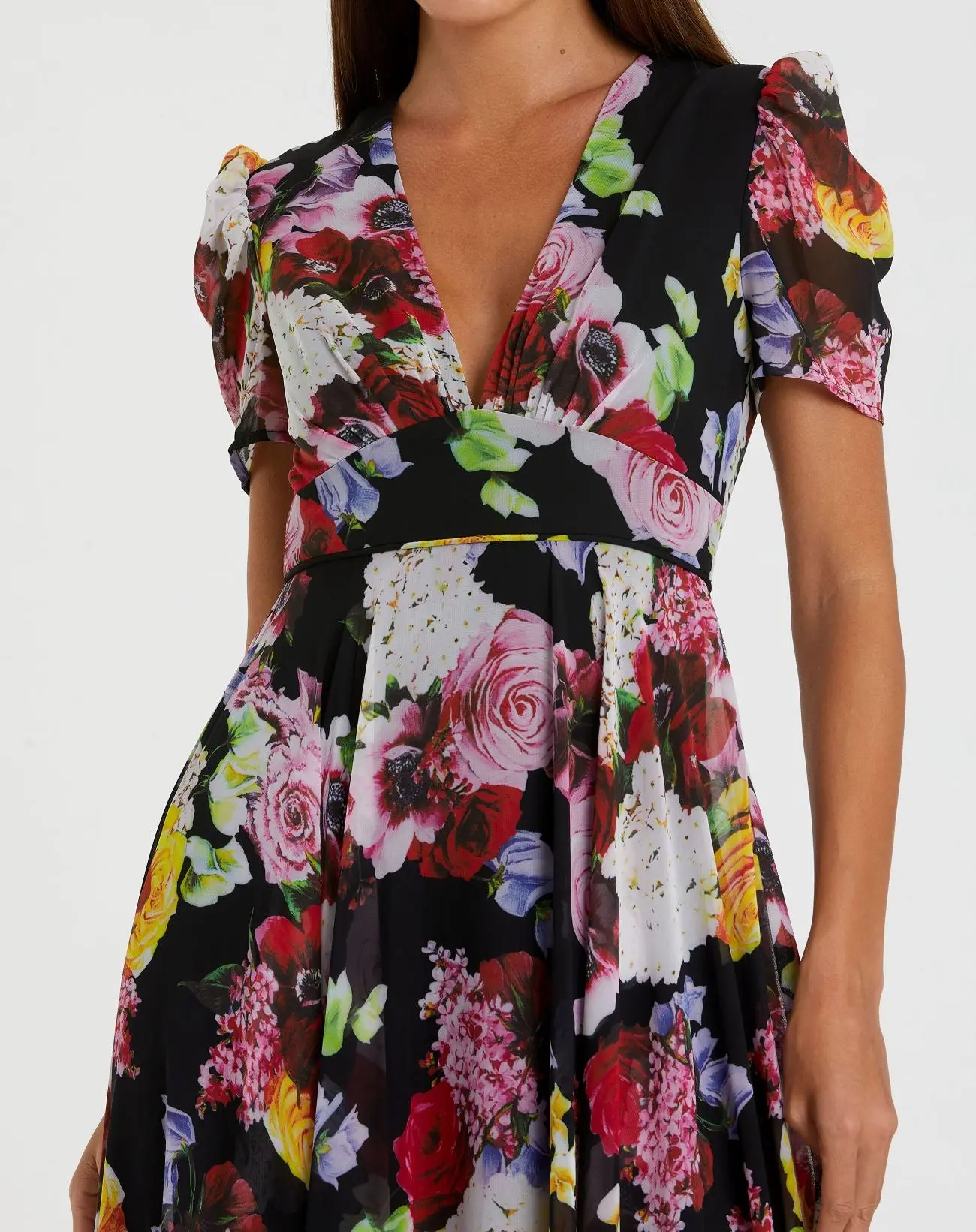 Black Floral Print Mesh Short Sleeve Gown - Special Events Unlimited
