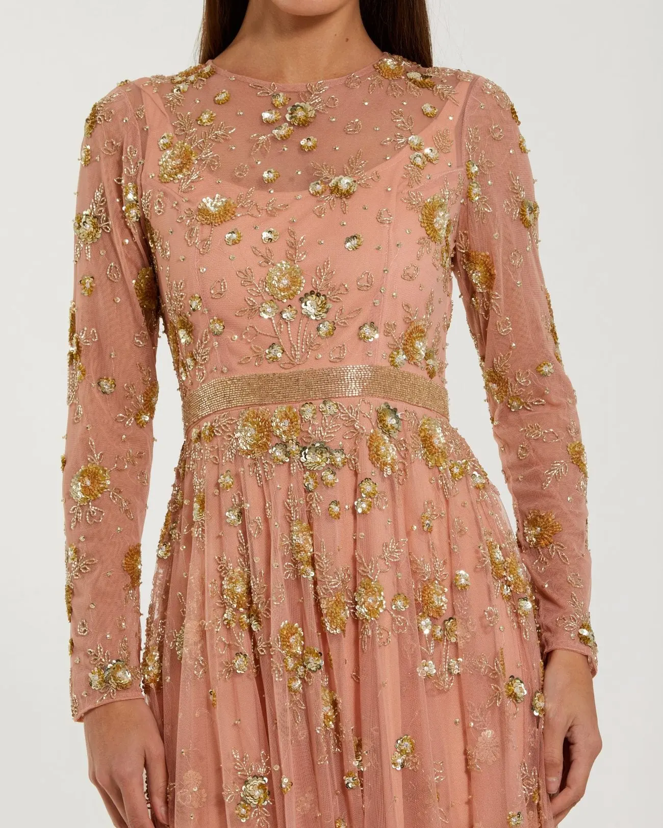 Beige Beaded Long Sleeve A Line Midi Dress - Special Events Unlimited
