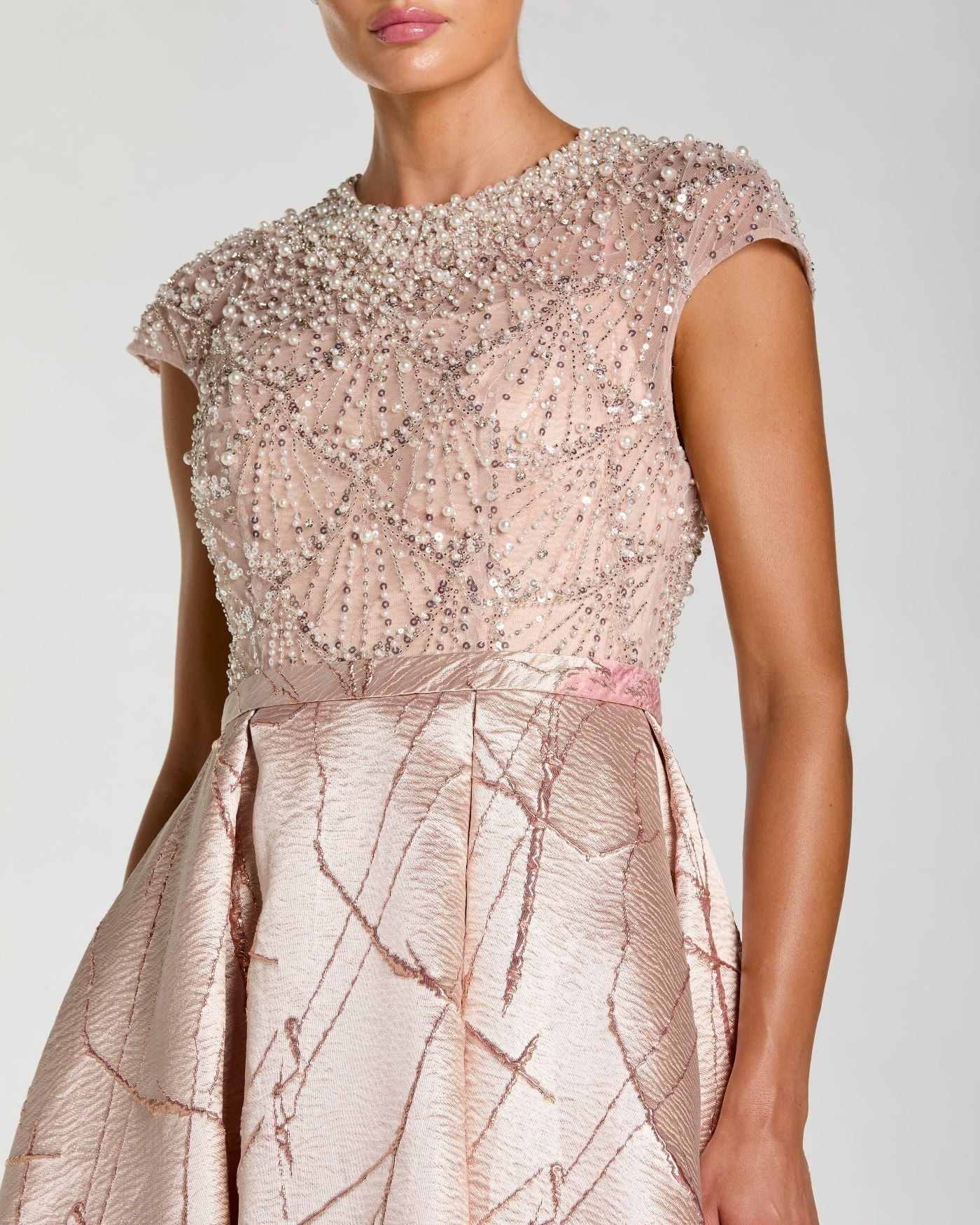 Pink Cap Sleeve Embellished Floral Brocade Ball Gown - Special Events Unlimited