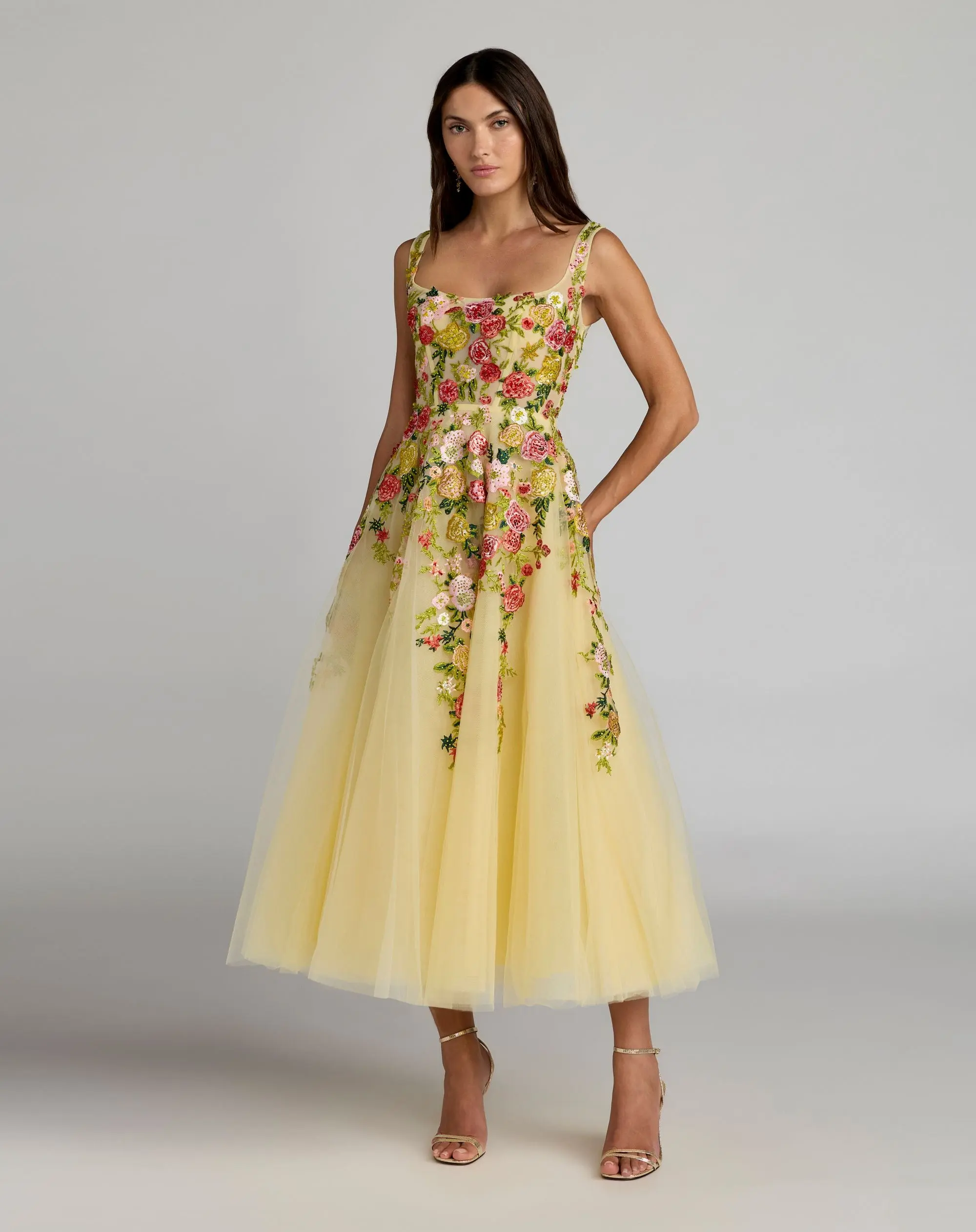 Yellow Embroidered Tulle A-Line Midi Dress - Special Events Unlimited