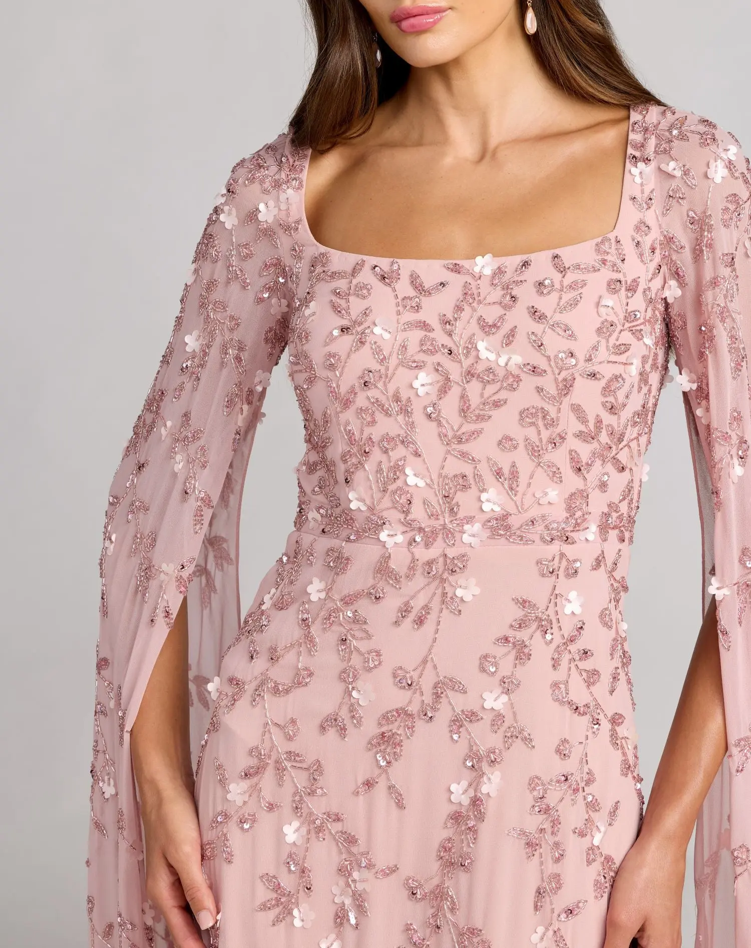 Petite Pink Beaded Square Neck Cape Sleeve Gown - Special Events Unlimited