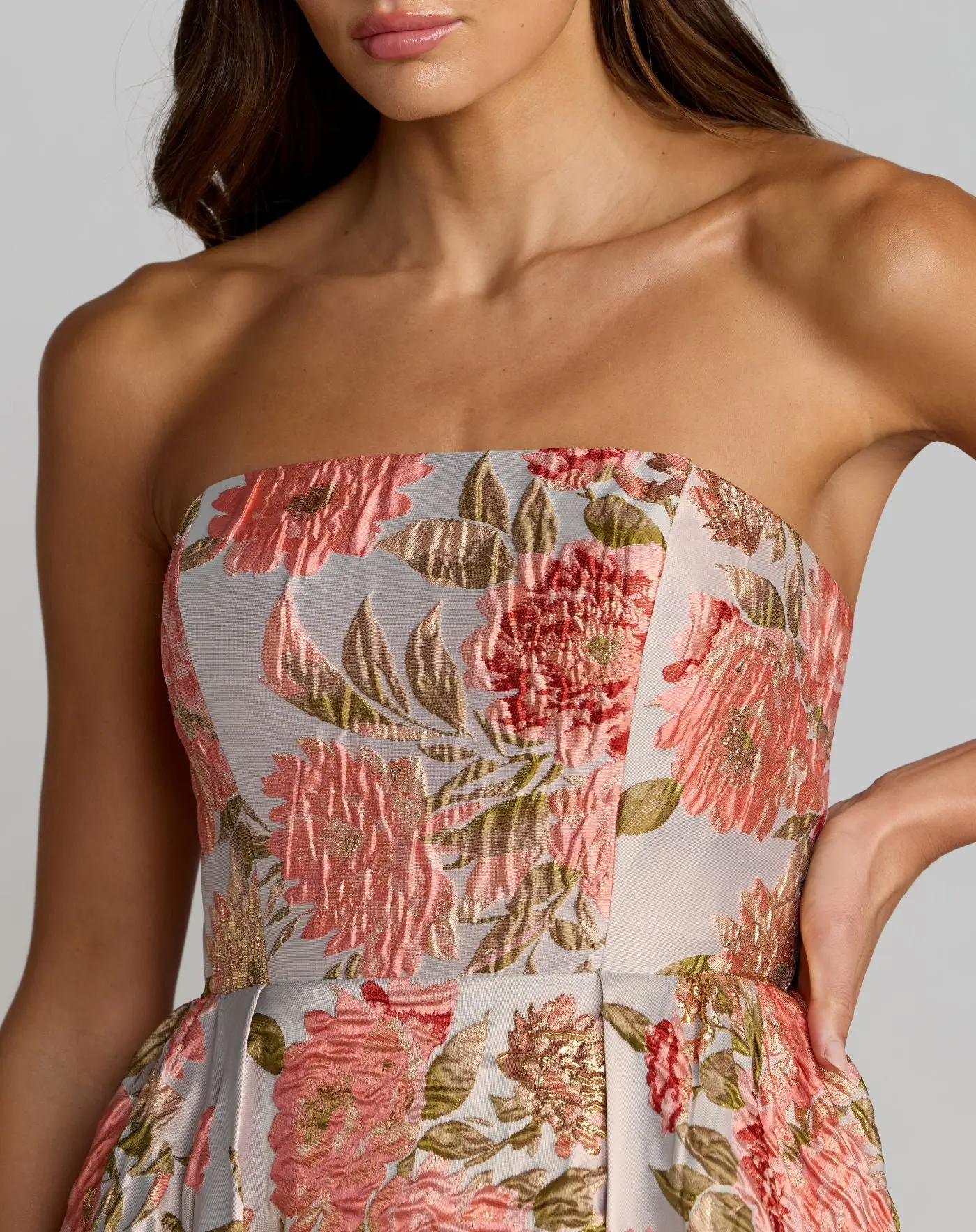 Pink Strapless Floral Brocade Ball Gown With Pockets - Special Events Unlimited