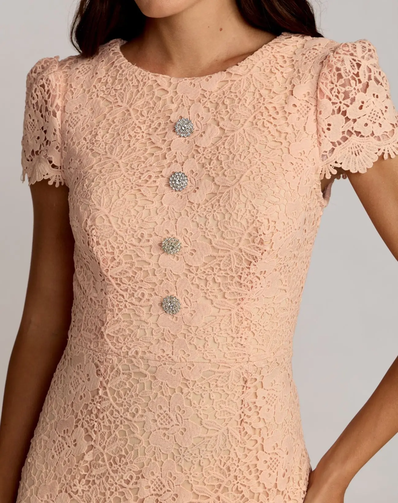 Peach Embroidered Lace Cap Sleeve Midi Dress - Special Events Unlimited