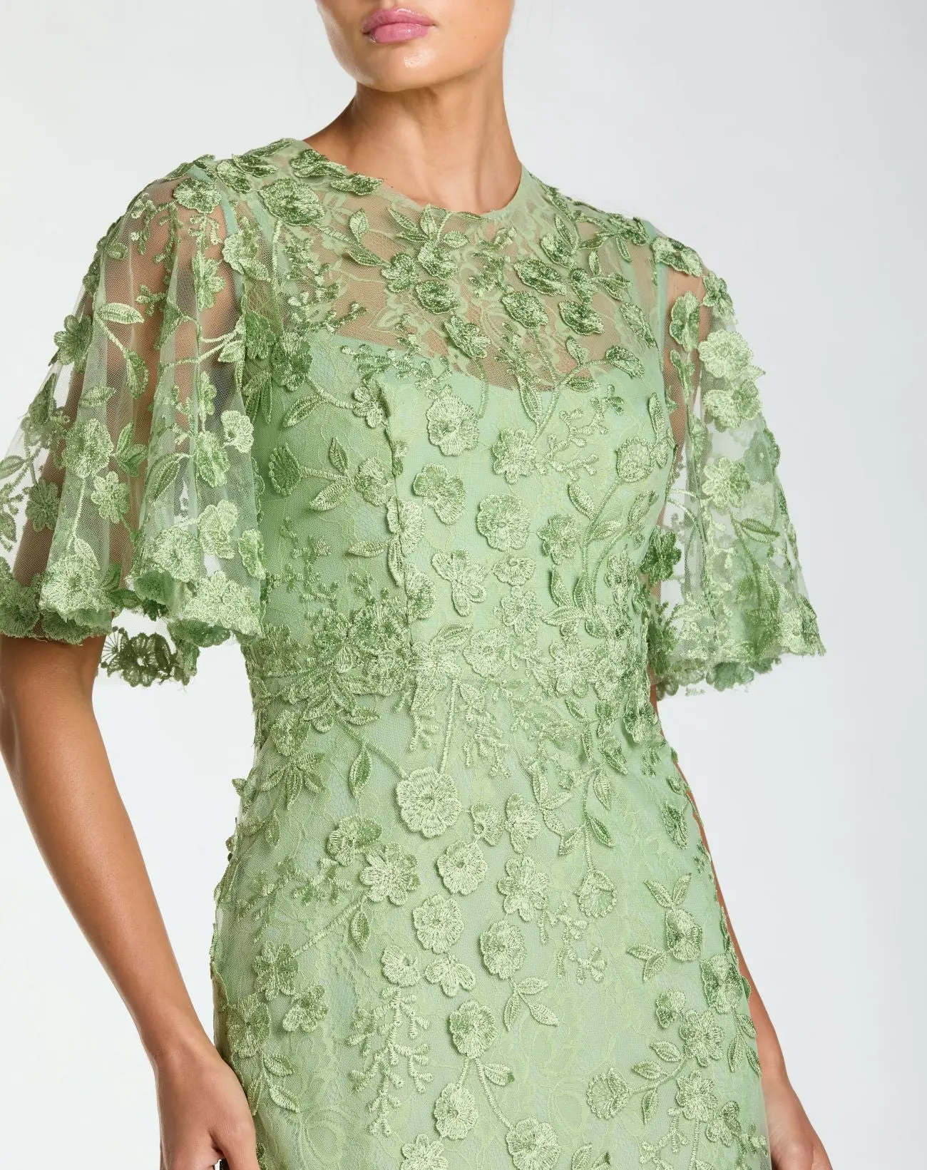Sage Green Flutter Sleeve Floral Embroidered Net Gown - Special Events Unlimited