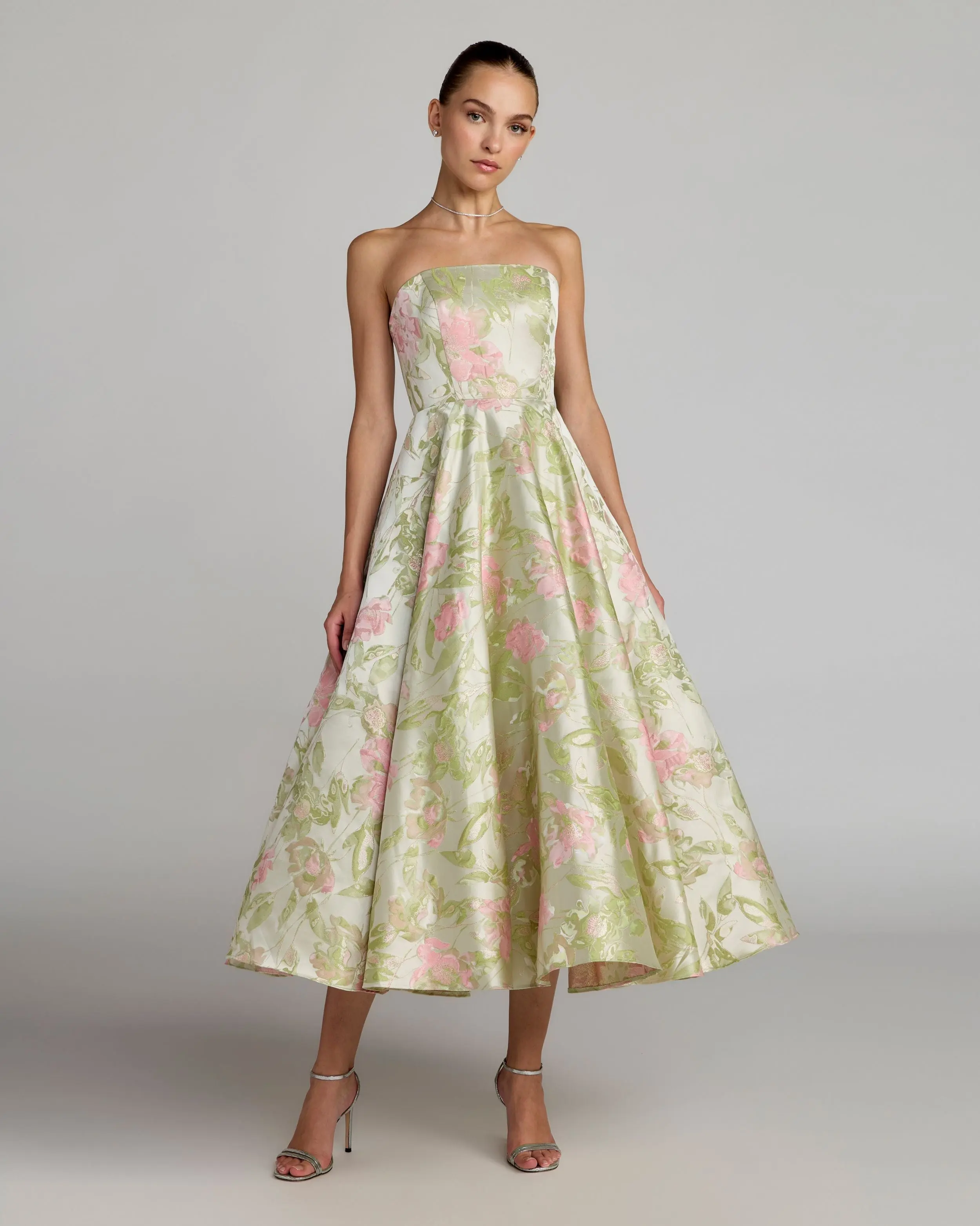 Green Floral Strapless A-Line Midi Dress - Special Events Unlimited