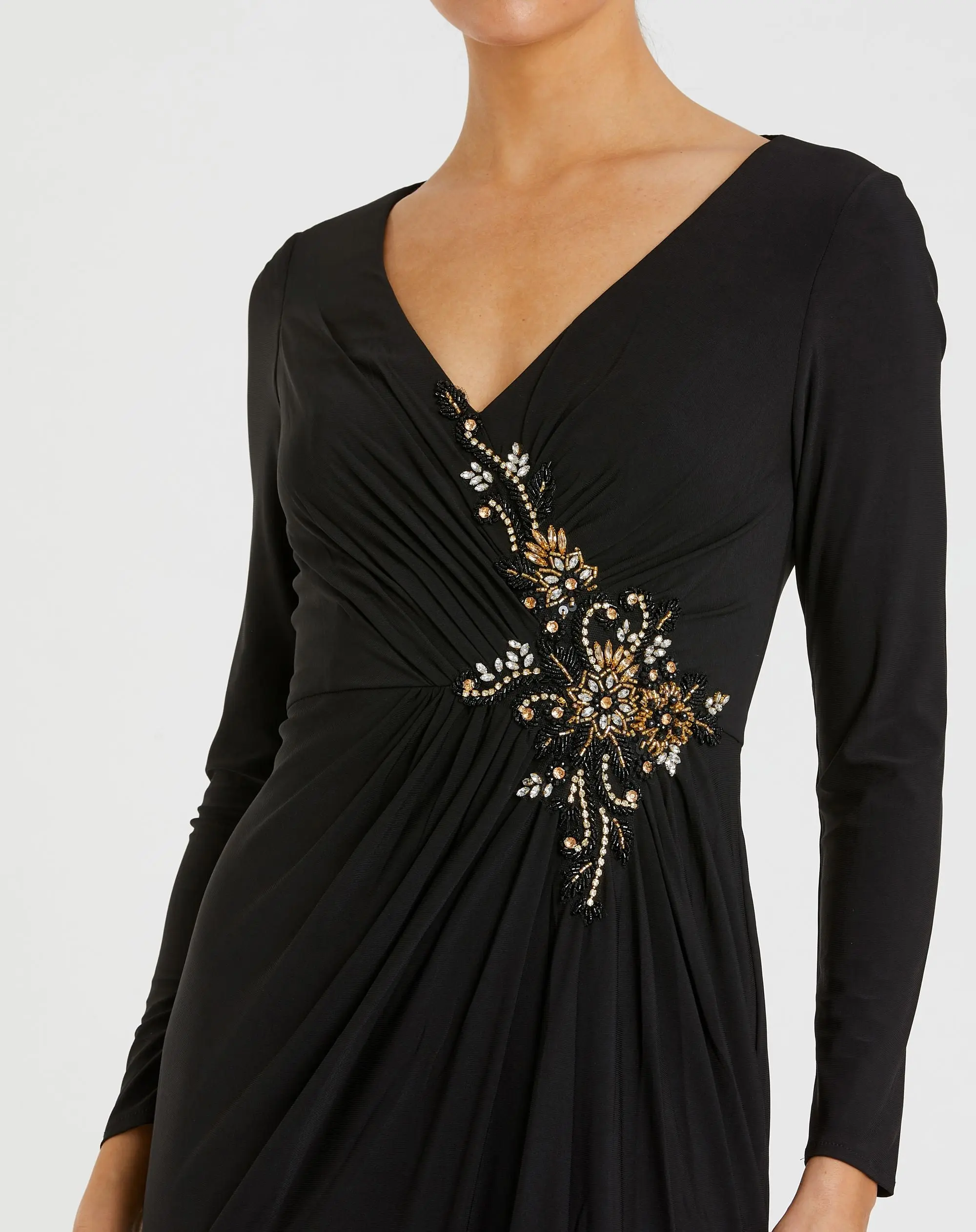 Black Faux Wrap Long Sleeve Evening Gown with Appliqué Detail - Special Events Unlimited