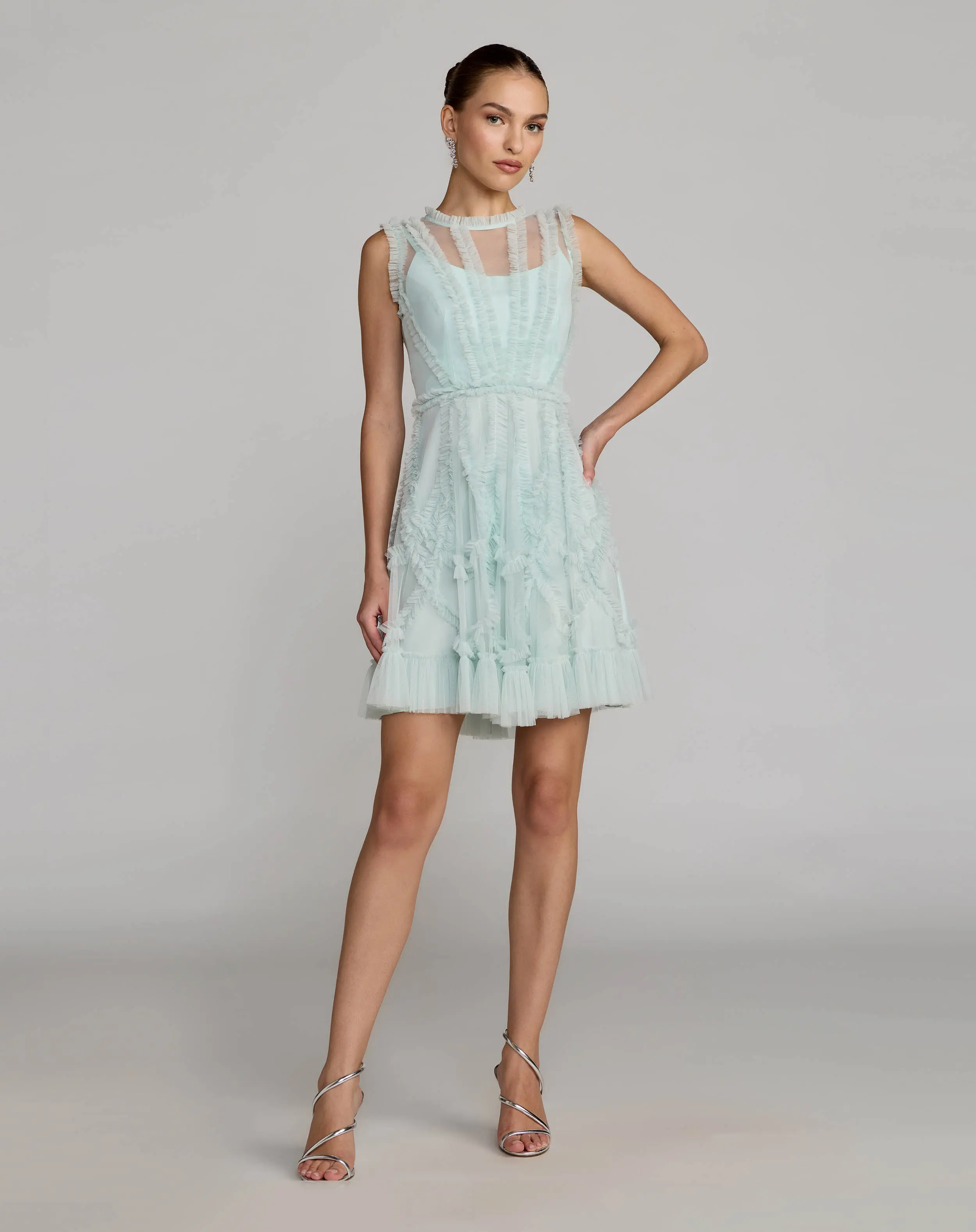 Light Blue High Neck Sleeveless Micro Ruffle Mini Dress - Special Events Unlimited