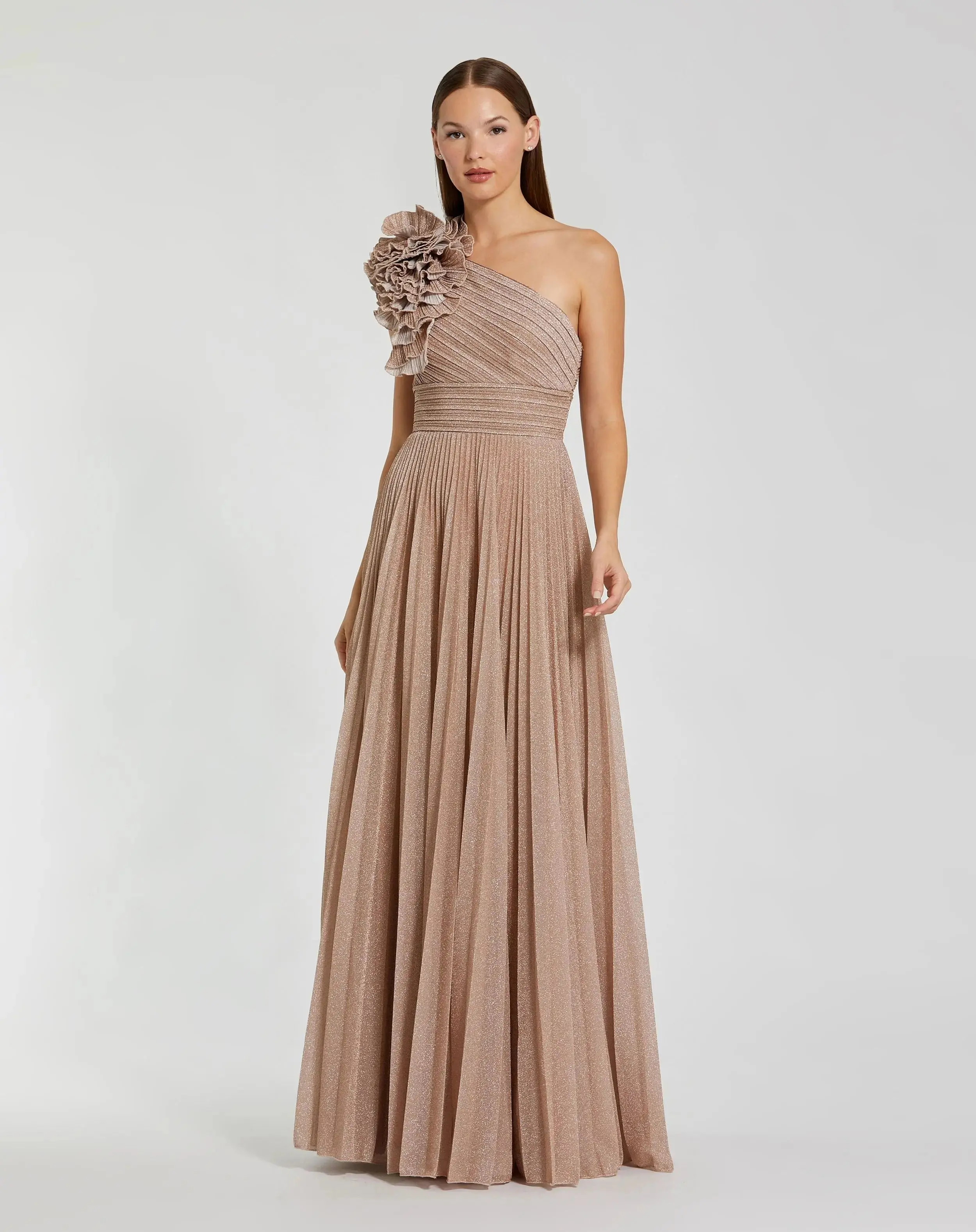 Petite Pink Pleated Metallic One Shoulder Gown With Ruffle - Special Events Unlimited