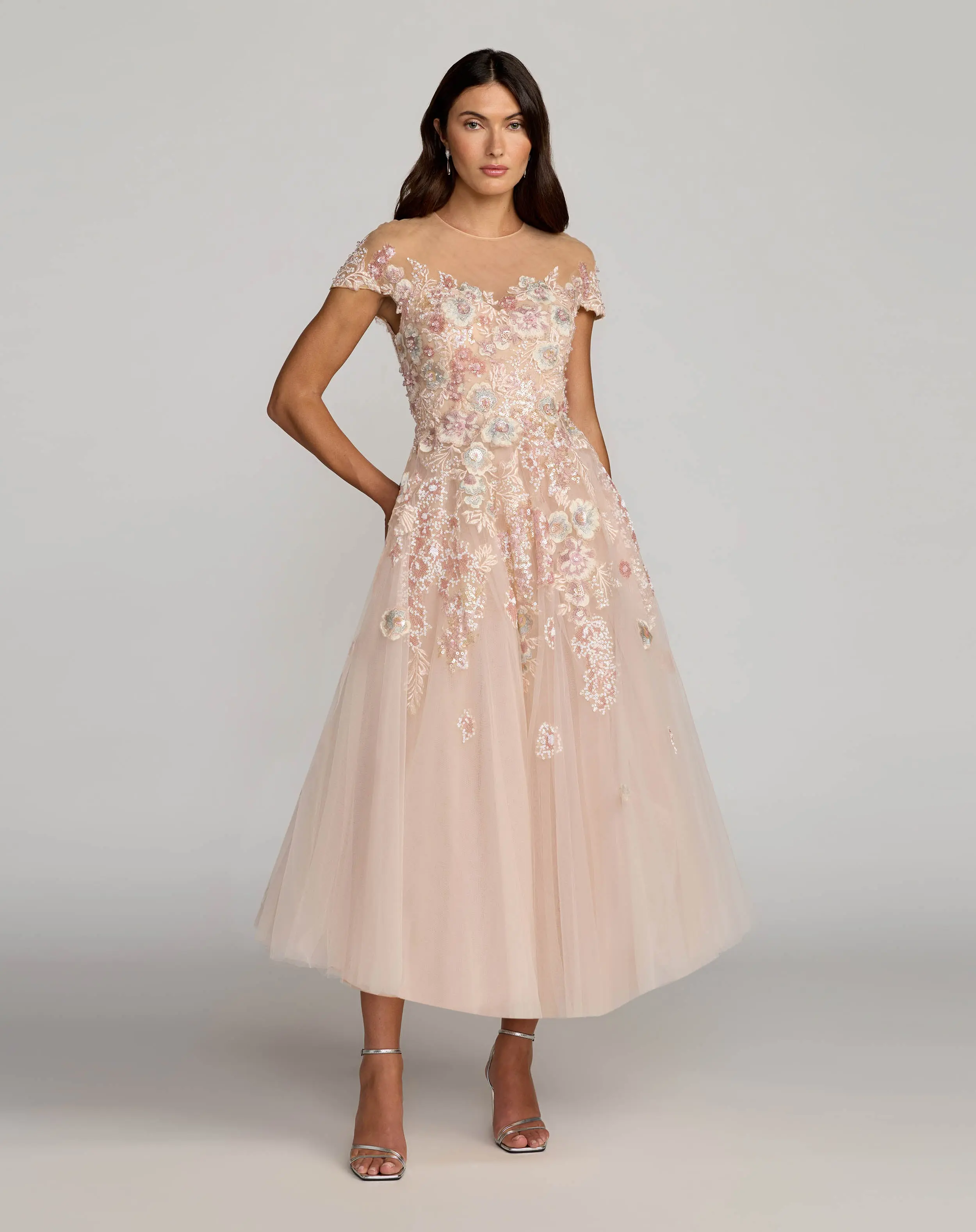 Pink Embroidered Tulle High Neck Cap Sleeve Dress - Special Events Unlimited