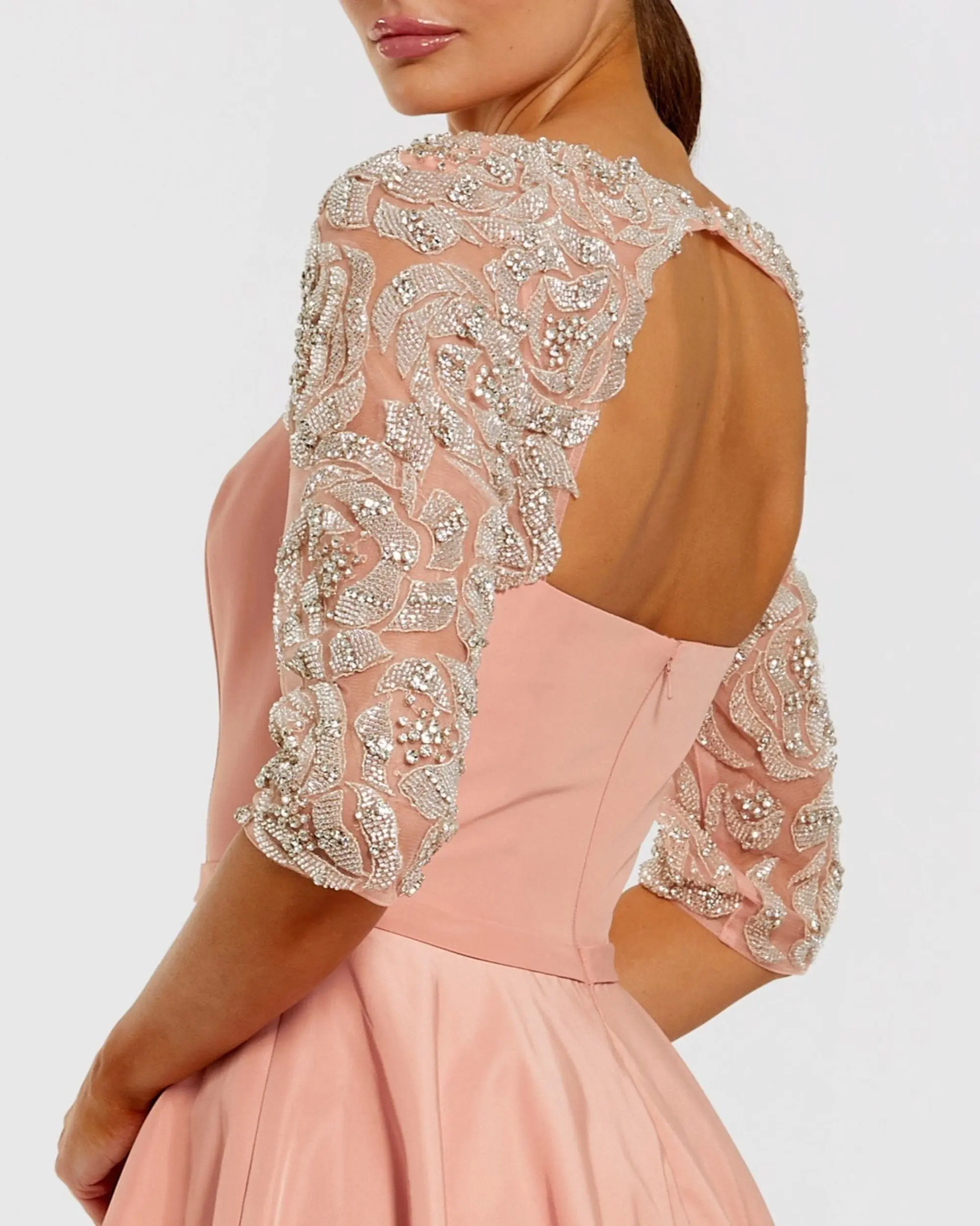 Pink Bubble Hem Midi Dress With Embellished Sleeves - Special Events Unlimited