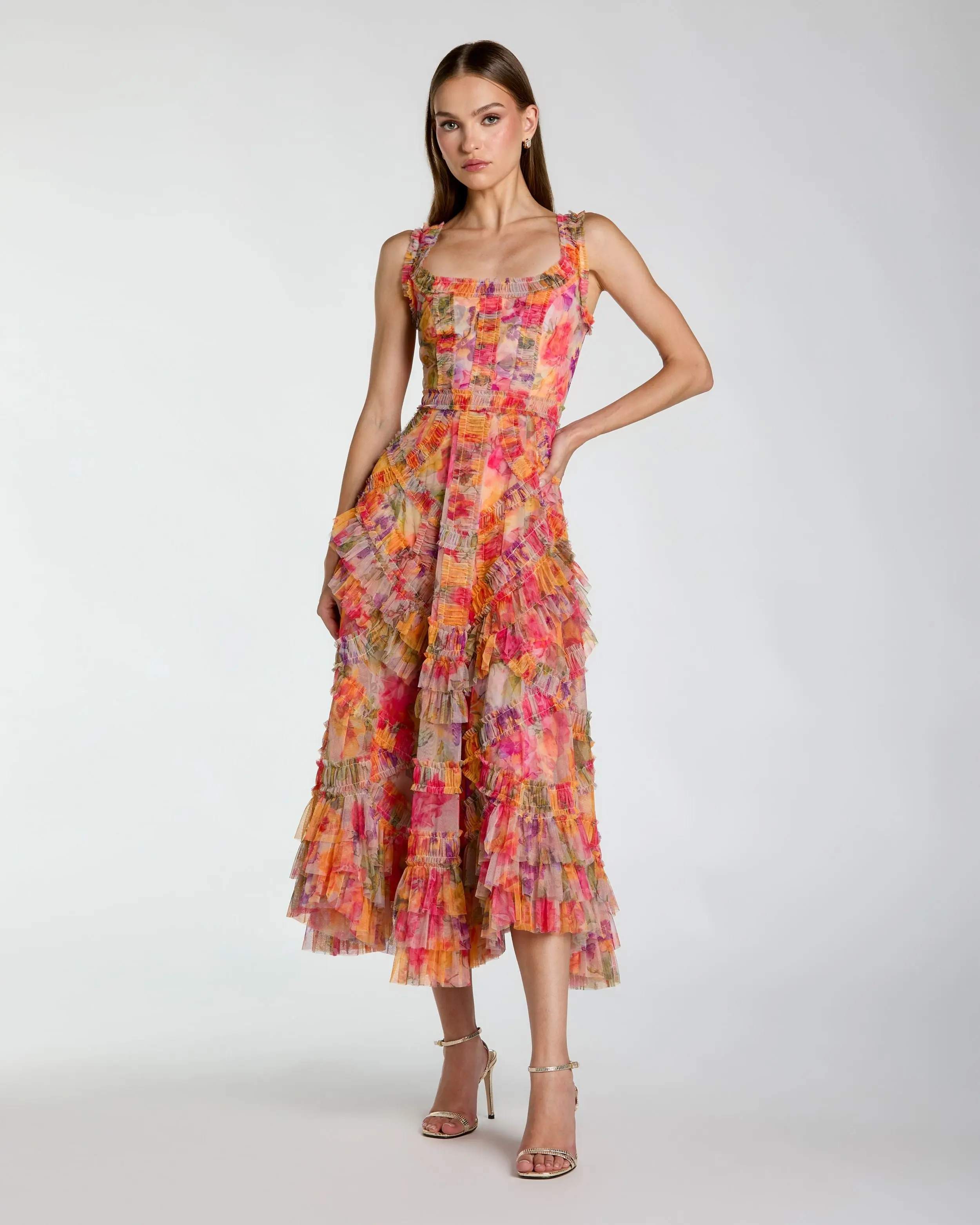 Multicolor Floral Scoop Neck A-Line Ruffle Midi Dress - Special Events Unlimited
