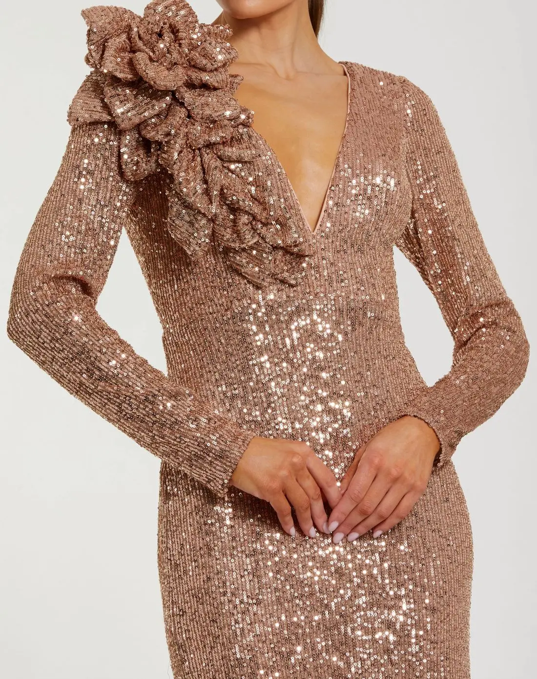 Light Pink Long Sleeve V Neck Sequin Gown With 3D Flower - Special Events Unlimited