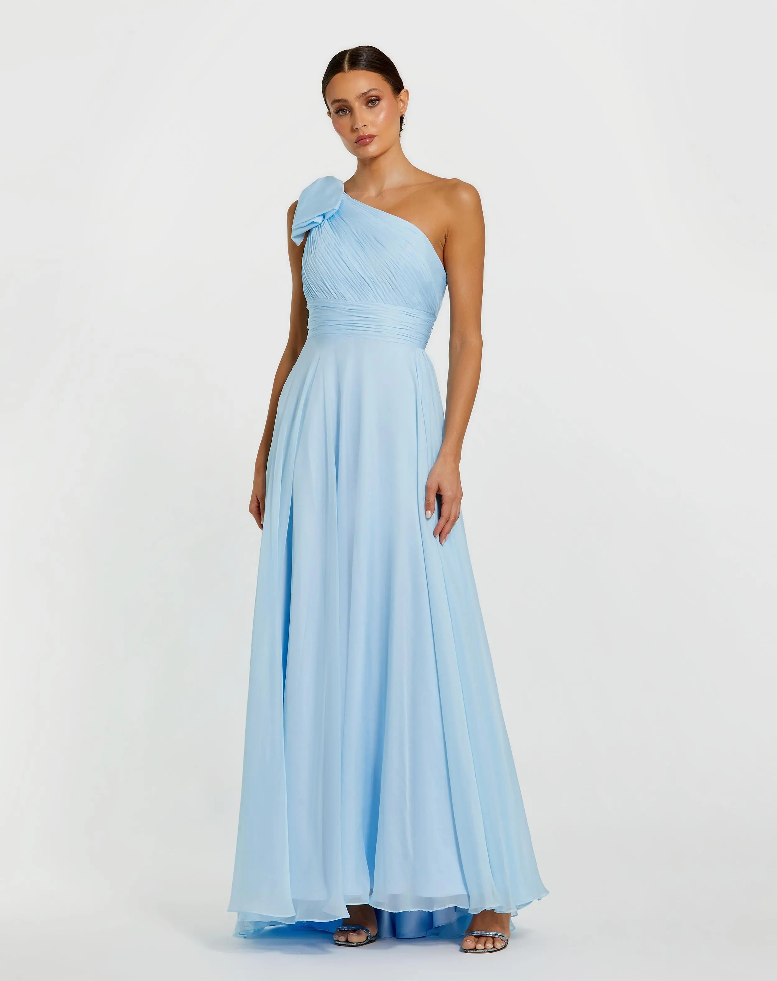 Blue One Shoulder Pleated Evening Gown with Bow - Special Events Unlimited
