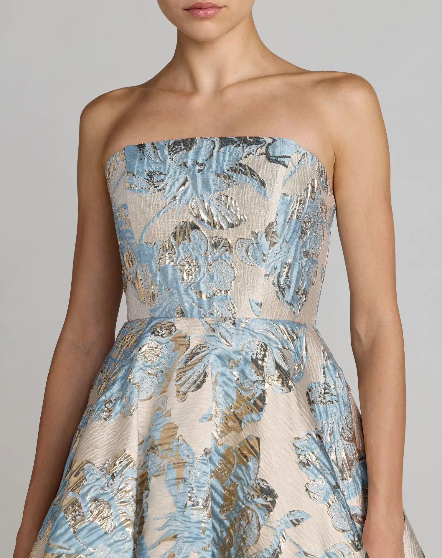 Blue Strapless Brocade A-Line Midi Dress With Pockets - Special Events Unlimited