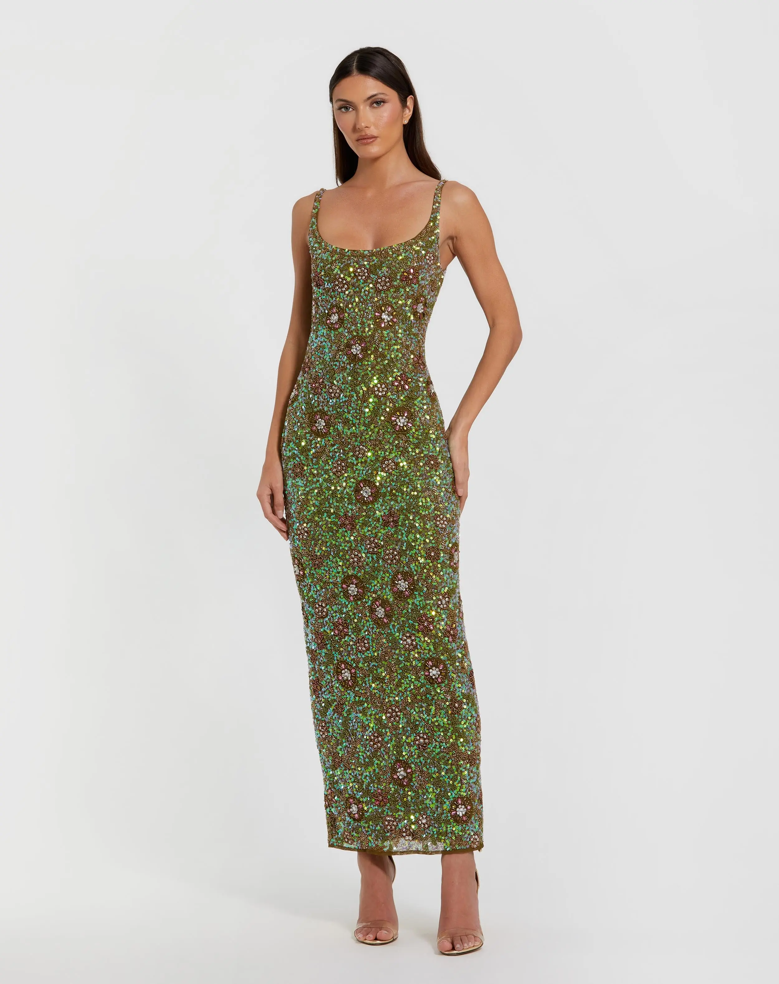 Green Sleeveless Hand Embellished Floral Maxi Dress - Special Events Unlimited