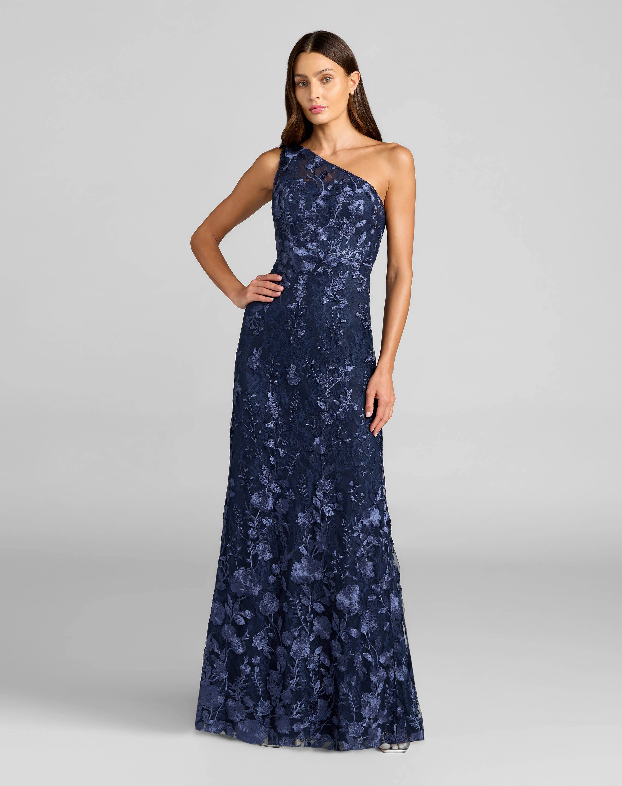 Petite Navy One Shoulder Floral Embroidered Gown - Special Events Unlimited