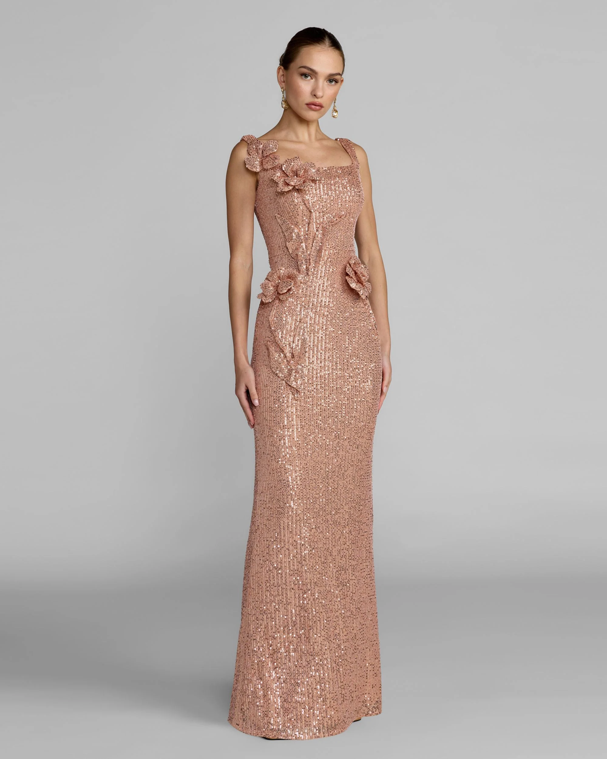 Light Pink Sequin Column Gown With 3D Flowers - Special Events Unlimited