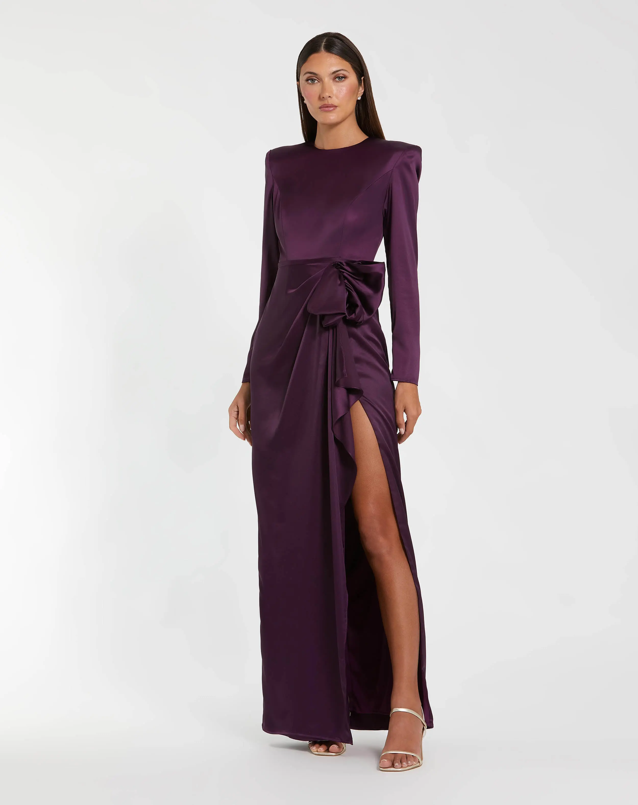 Purple Long Sleeve Structured Bow Draped Column Gown - Special Events Unlimited