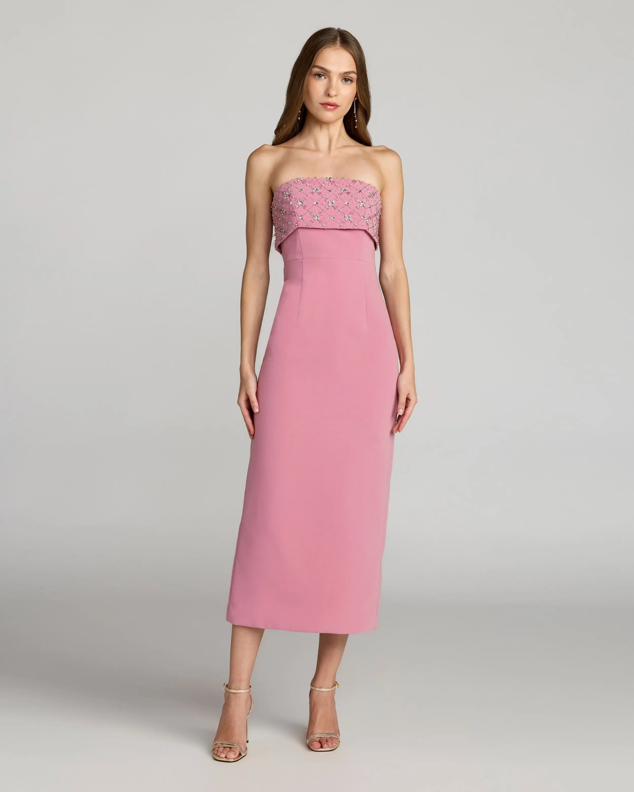 Pink Strapless Crepe Midi Dress With Rhinestone Detail - Special Events Unlimited