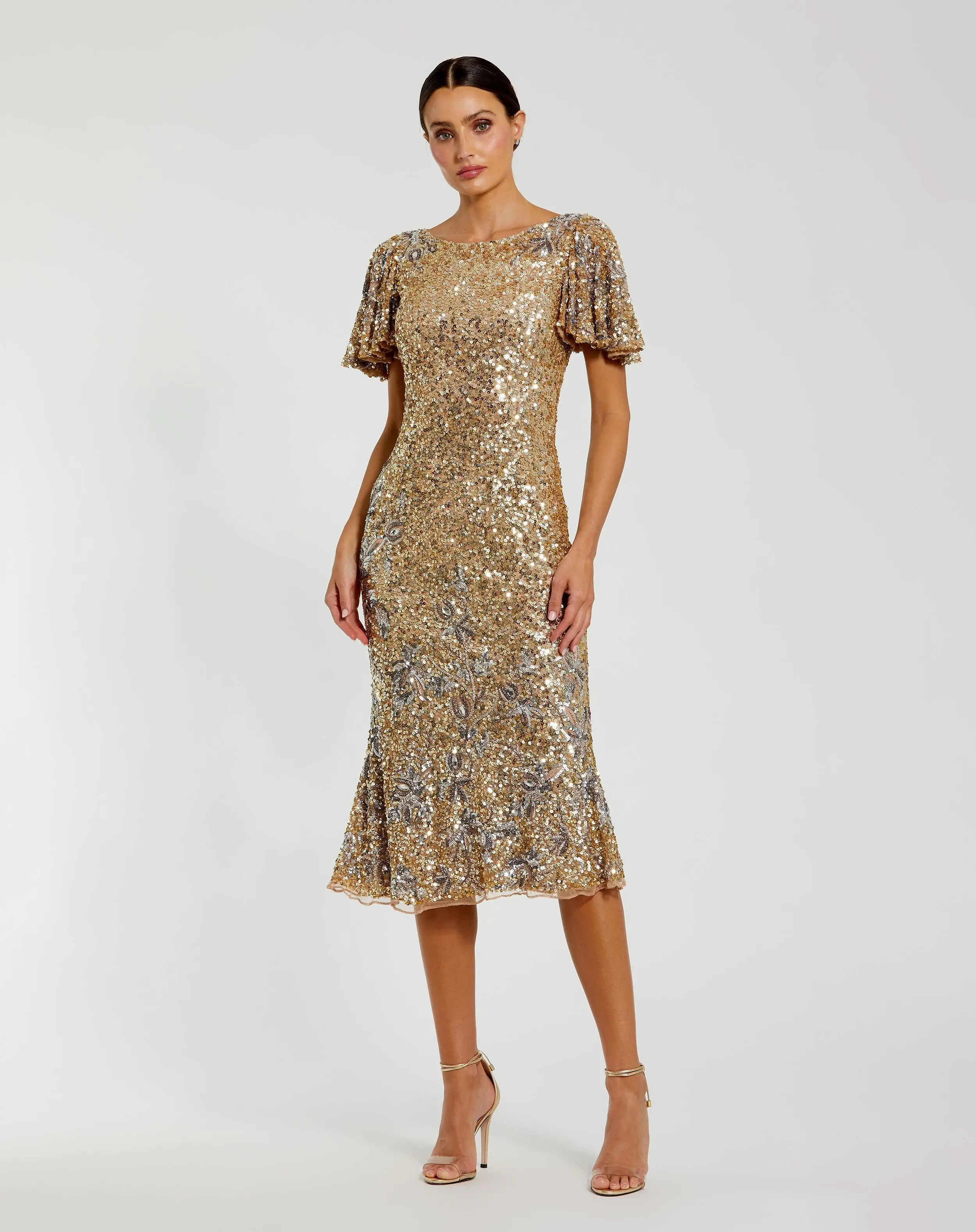 Gold Flutter Sleeve Floral Embellished Sequin Midi Dress - Special Events Unlimited