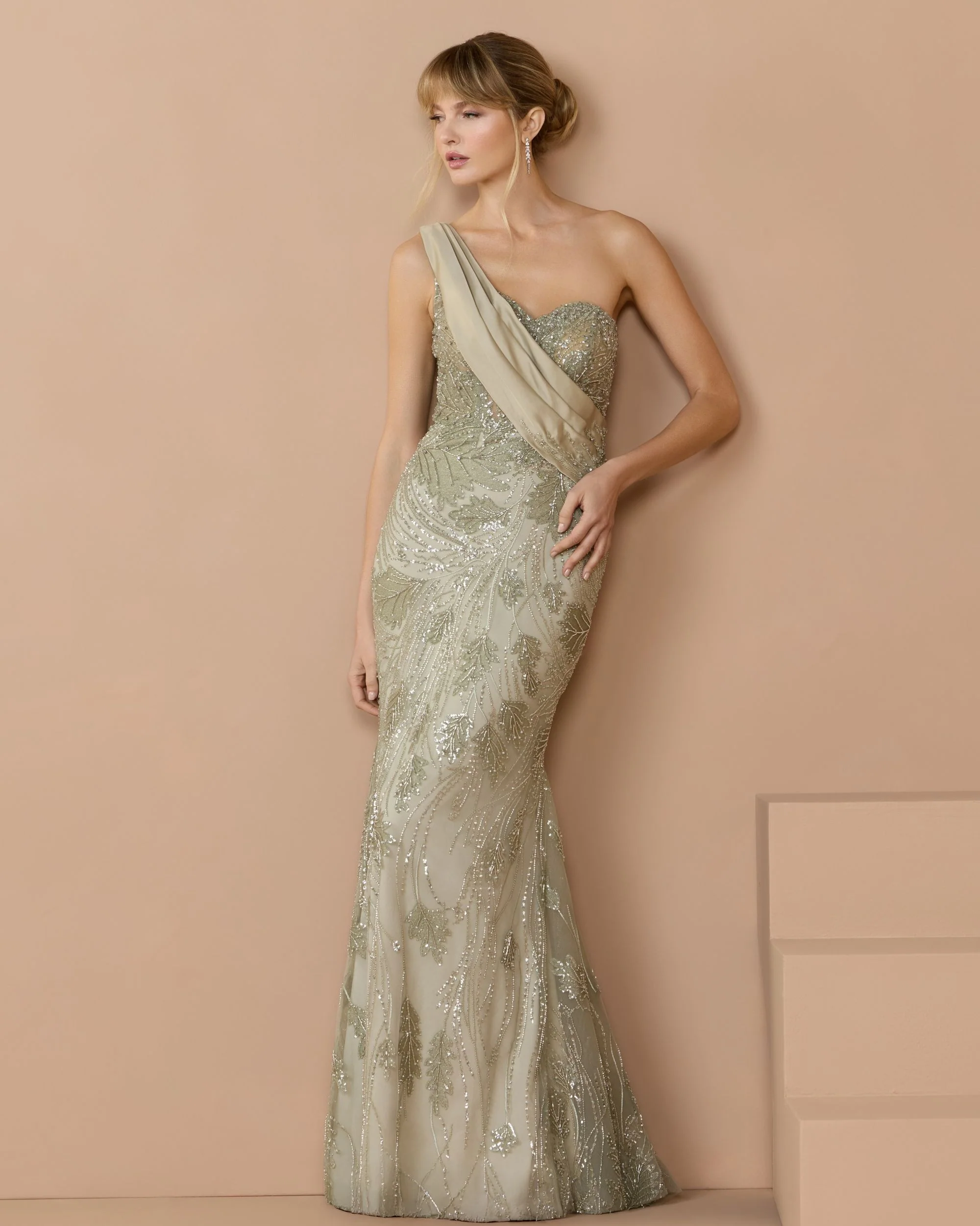 Green Beaded One Shoulder Draped Mermaid Gown - Special Events Unlimited