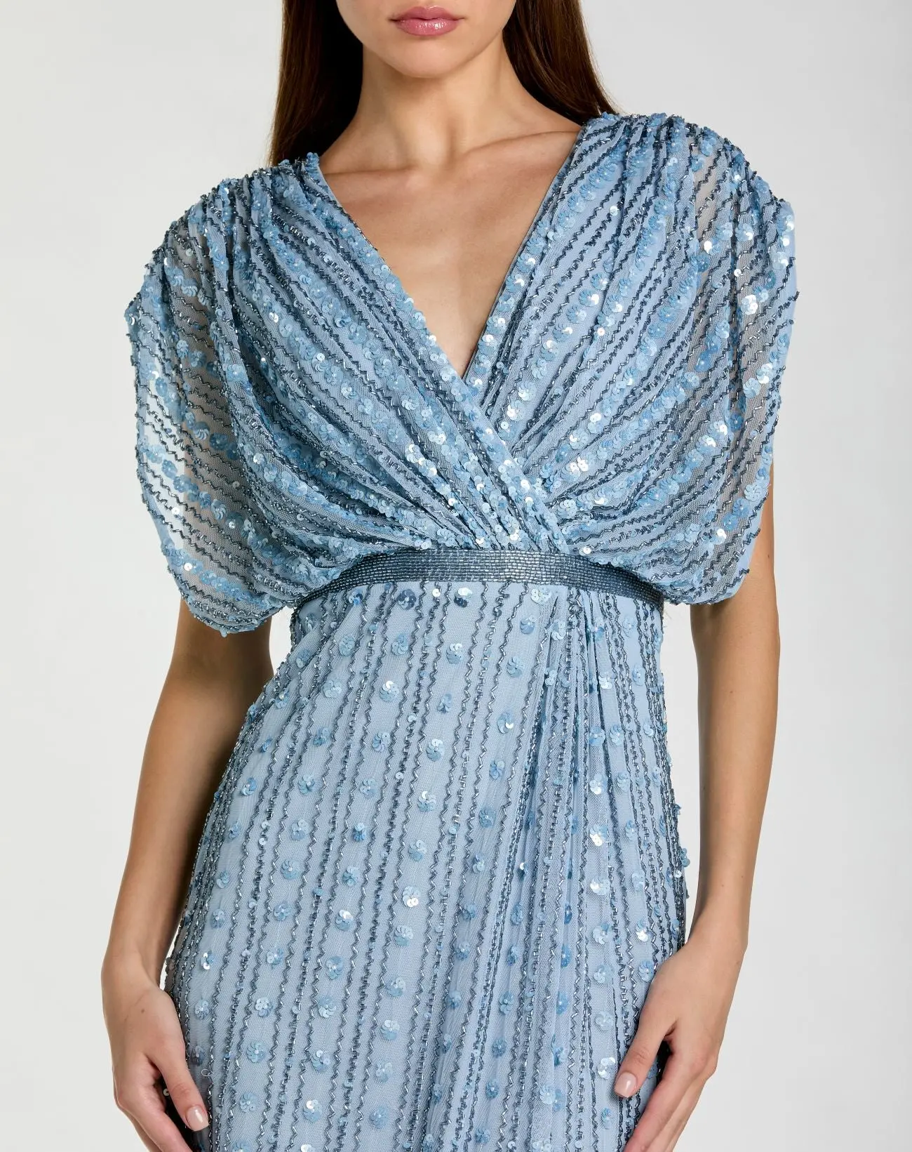 Blue Embellished Blouson V Neck Column Gown - Special Events Unlimited